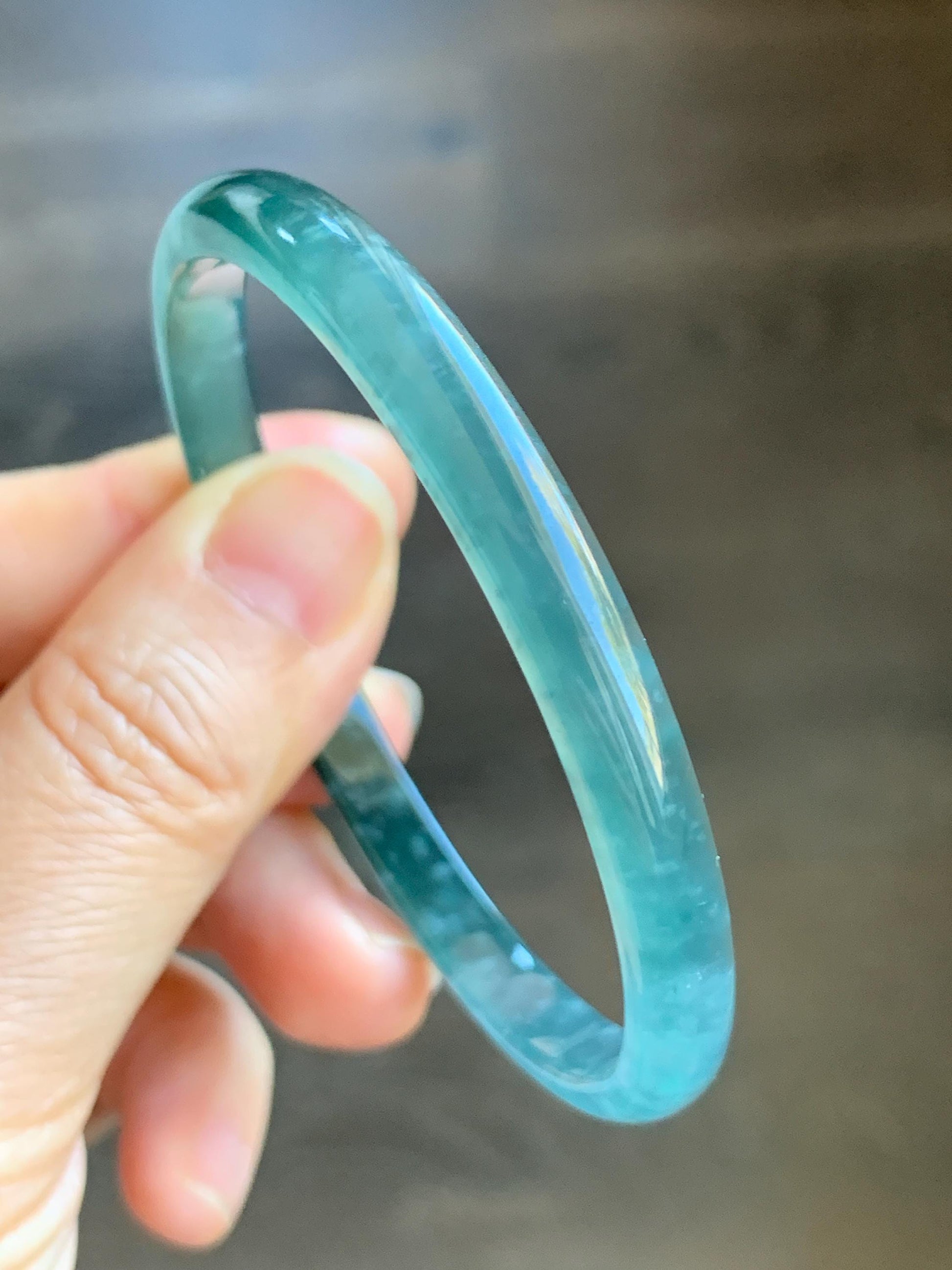 Certified Natural Grade A Guatemalan Icy Highly Translucent Gelatinous Teal Blue Jadeite Slim Bangle 58.8mm 16.35g 天然老种冰胶危蓝飘花翡翠细条手镯 1135