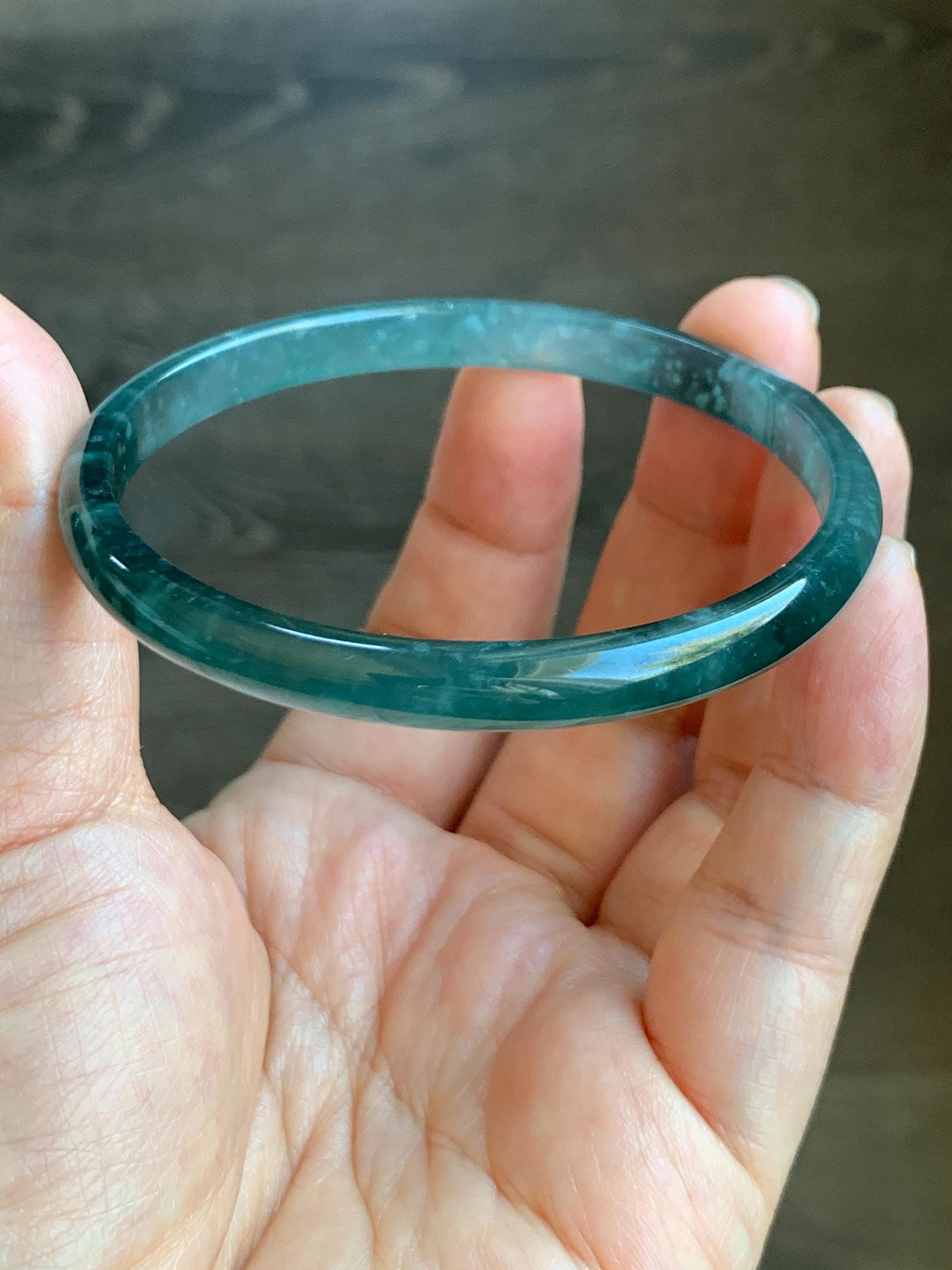 Certified Natural Grade A Guatemalan Icy Highly Translucent Gelatinous Teal Blue Jadeite Slim Bangle 58.8mm 16.35g 天然老种冰胶危蓝飘花翡翠细条手镯 1135