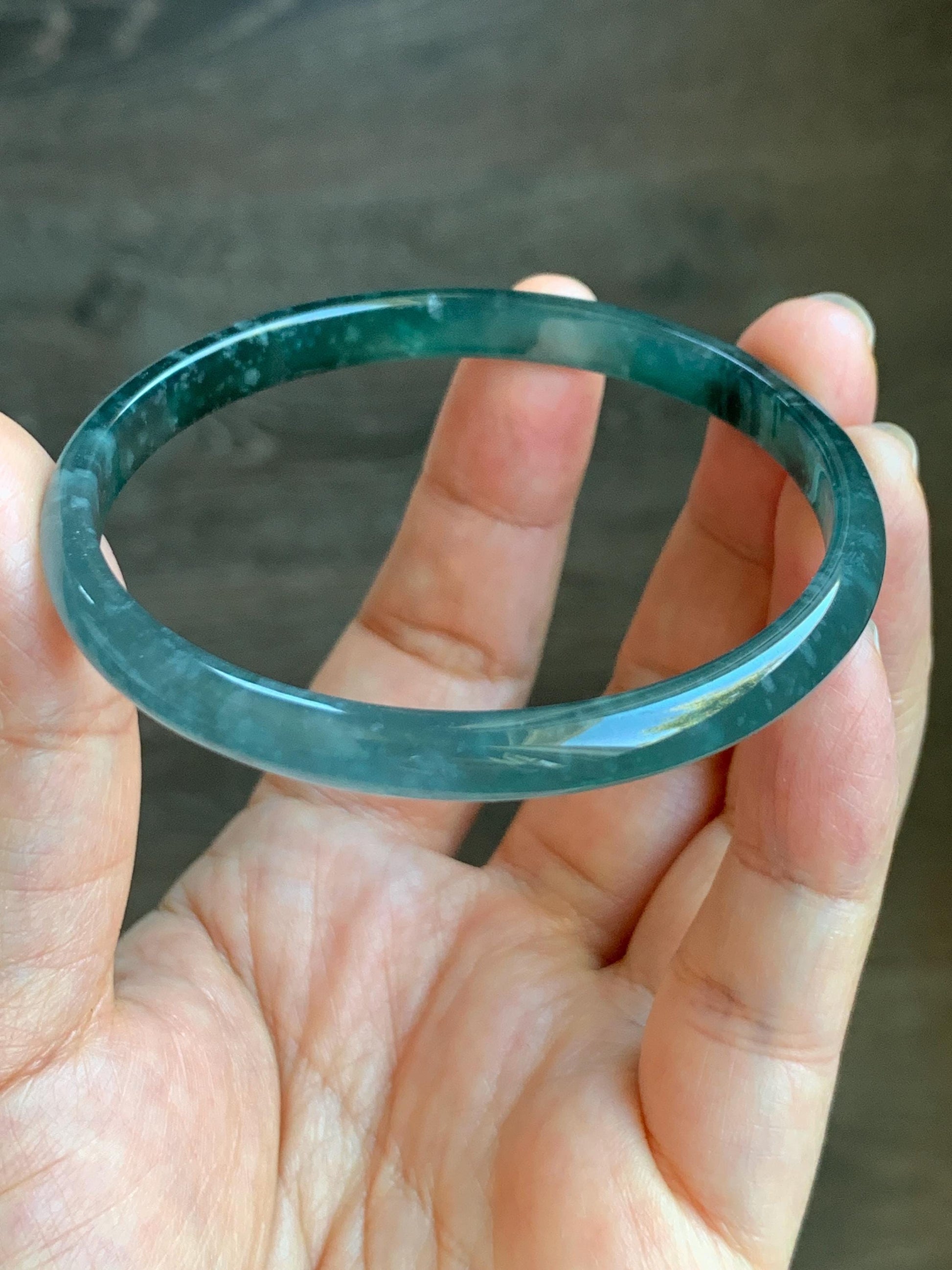 Certified Natural Grade A Guatemalan Icy Highly Translucent Gelatinous Teal Blue Jadeite Slim Bangle 58.8mm 16.35g 天然老种冰胶危蓝飘花翡翠细条手镯 1135