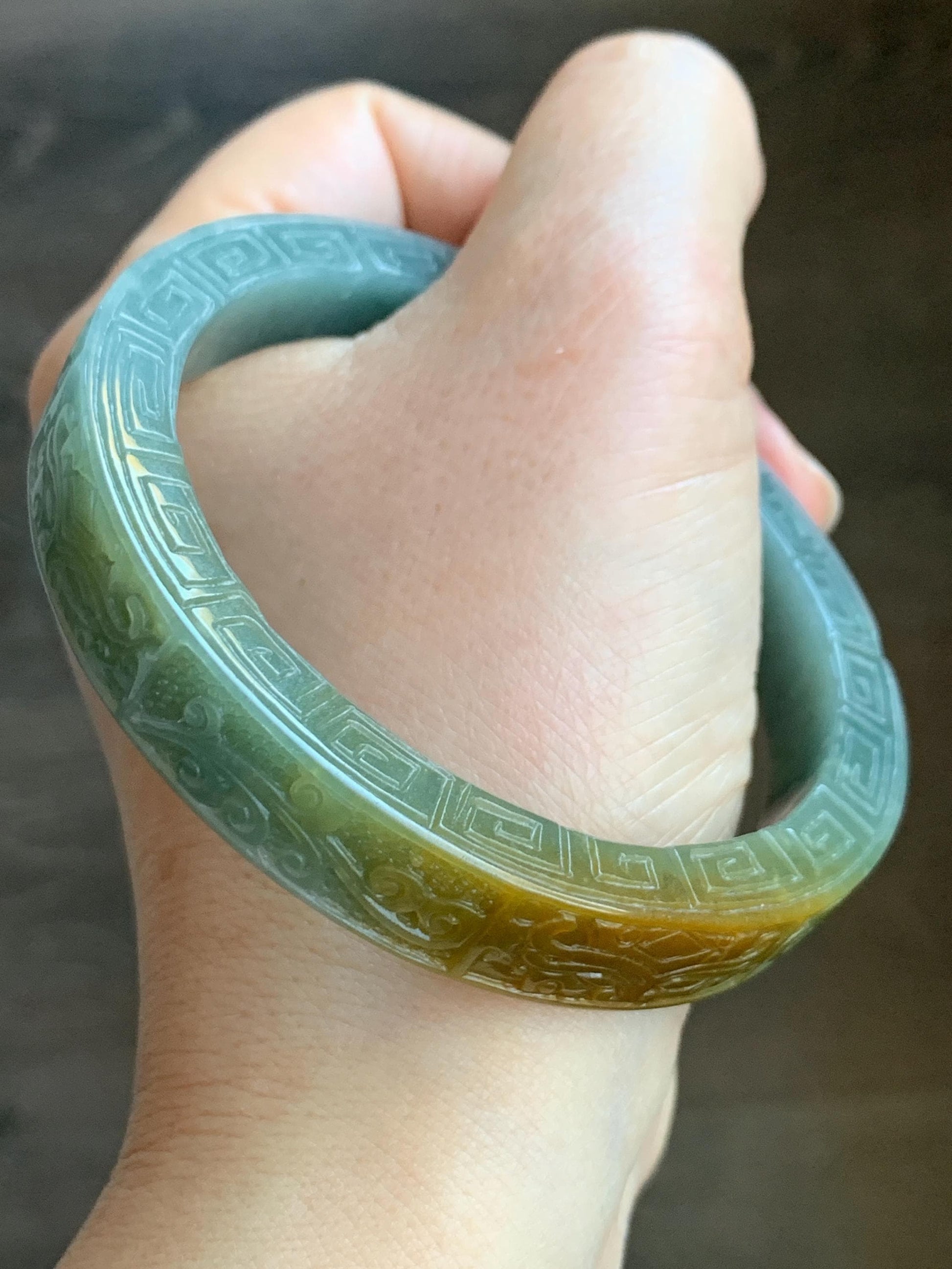 Certified Natural Guatemalan Icy Translucent Dusty Blue Dark Yellow Marbled Jadeite Carved Square Edged Bangle 60mm 天然冰危蓝飘黄翡翠饕餮仿古雕方镯手镯 1144