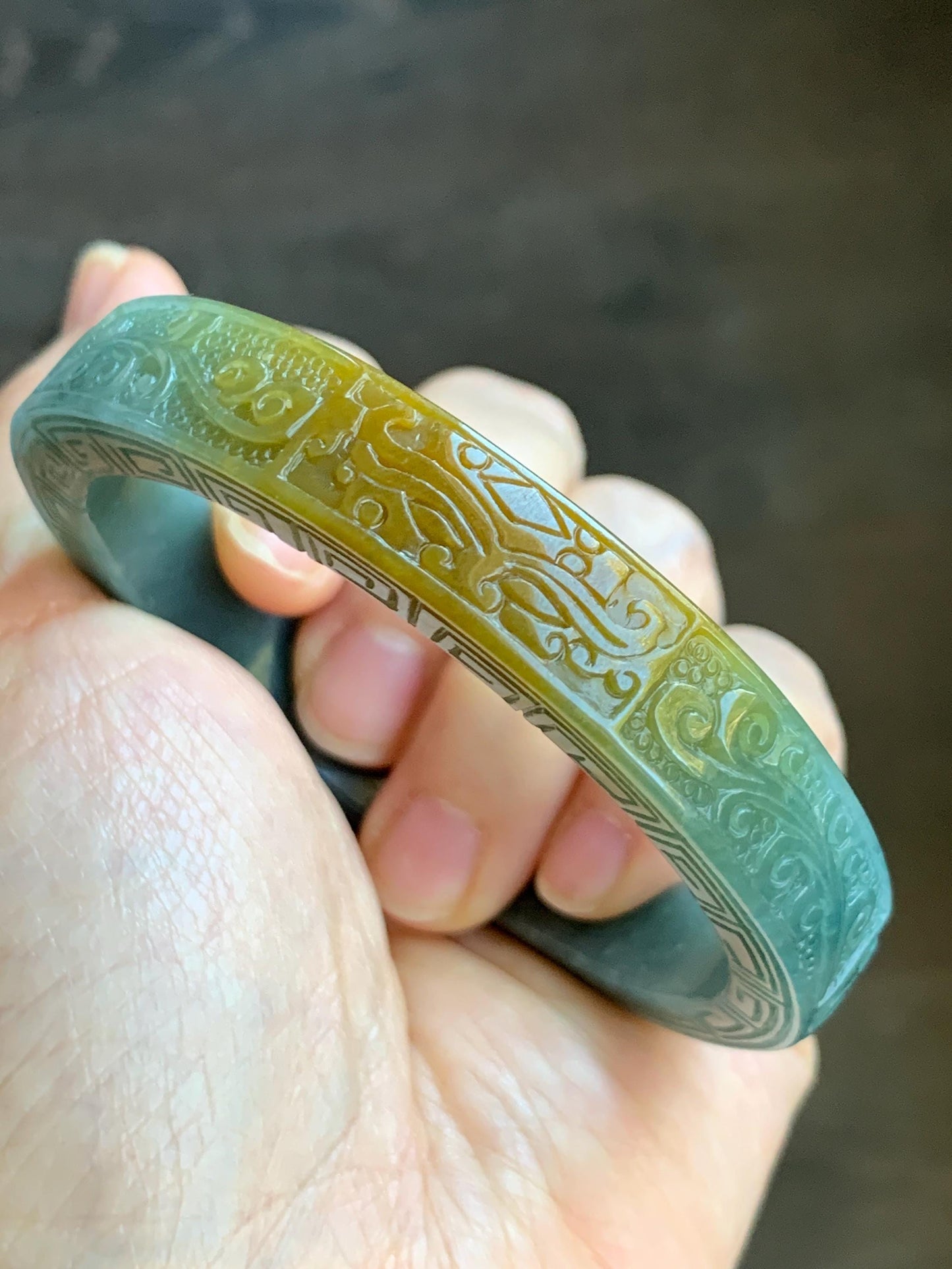 Certified Natural Guatemalan Icy Translucent Dusty Blue Dark Yellow Marbled Jadeite Carved Square Edged Bangle 60mm 天然冰危蓝飘黄翡翠饕餮仿古雕方镯手镯 1144