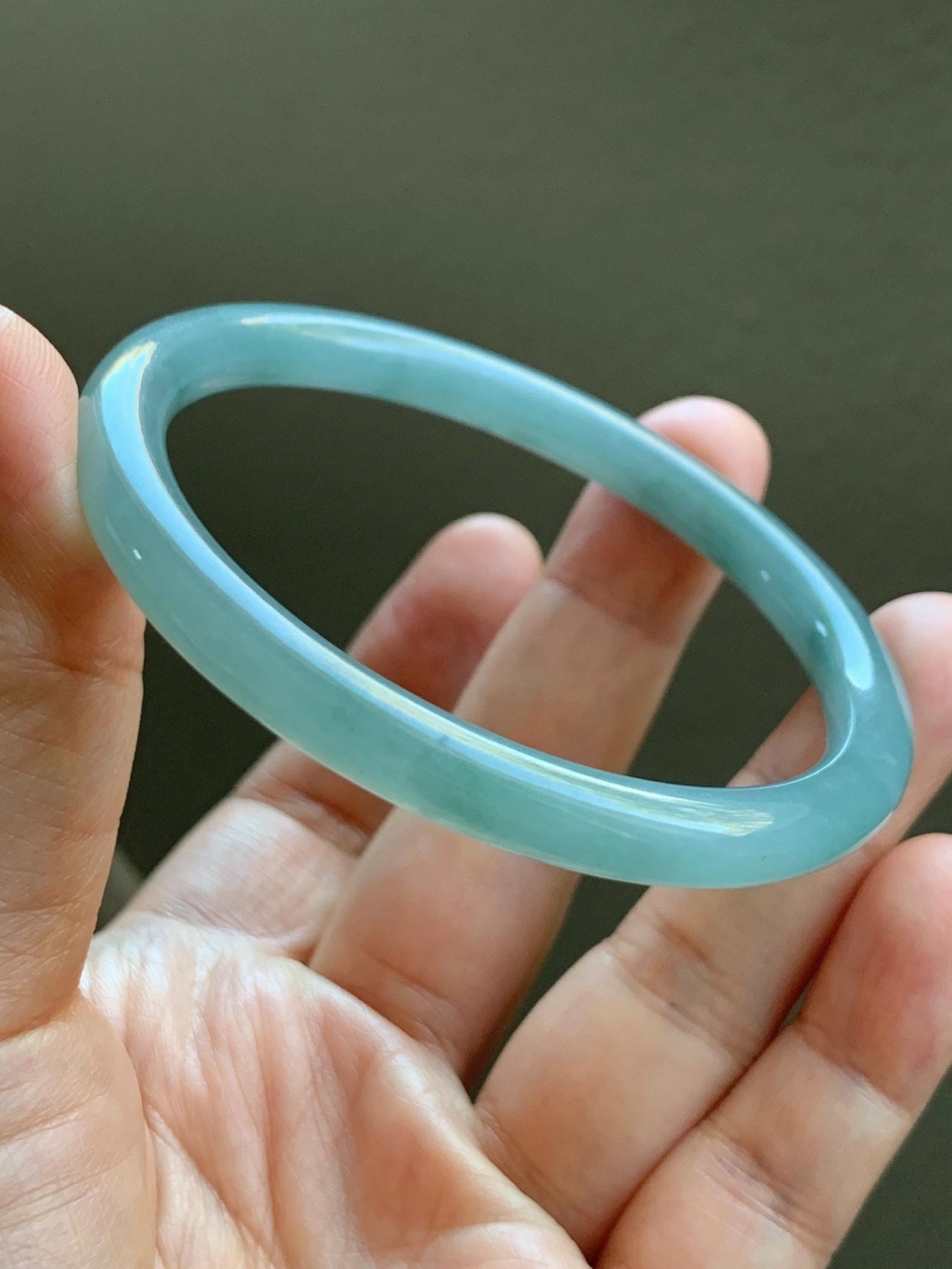 Certified Natural Grade A Guatemalan Icy Translucent Gelatinous Light Blueish Green Jadeite Bangle Bracelet 58.6mm 26.6g 天然冰胶危淡蓝绿翡翠圆条手镯 1146