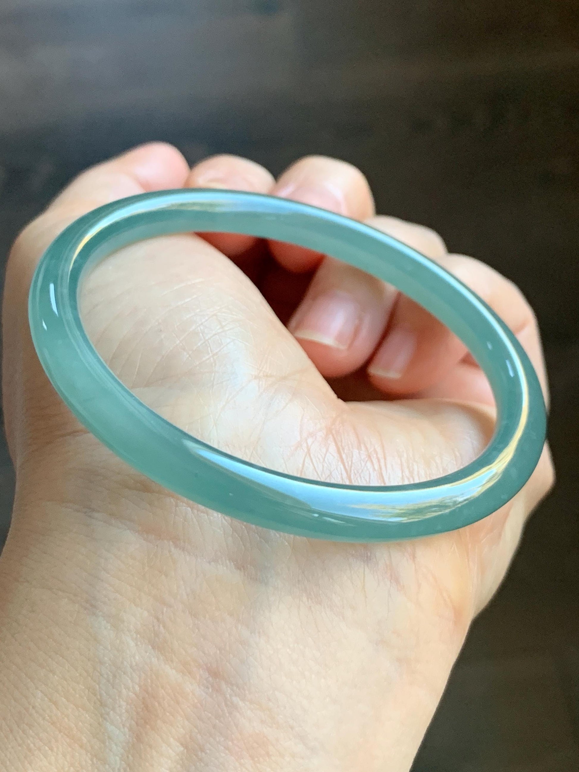 Certified Natural Grade A Guatemalan Icy Translucent Gelatinous Blueish Green Jadeite Bangle Bracelet 56.76m 21.4g 天然冰胶危蓝绿翡翠圆条手镯 1140