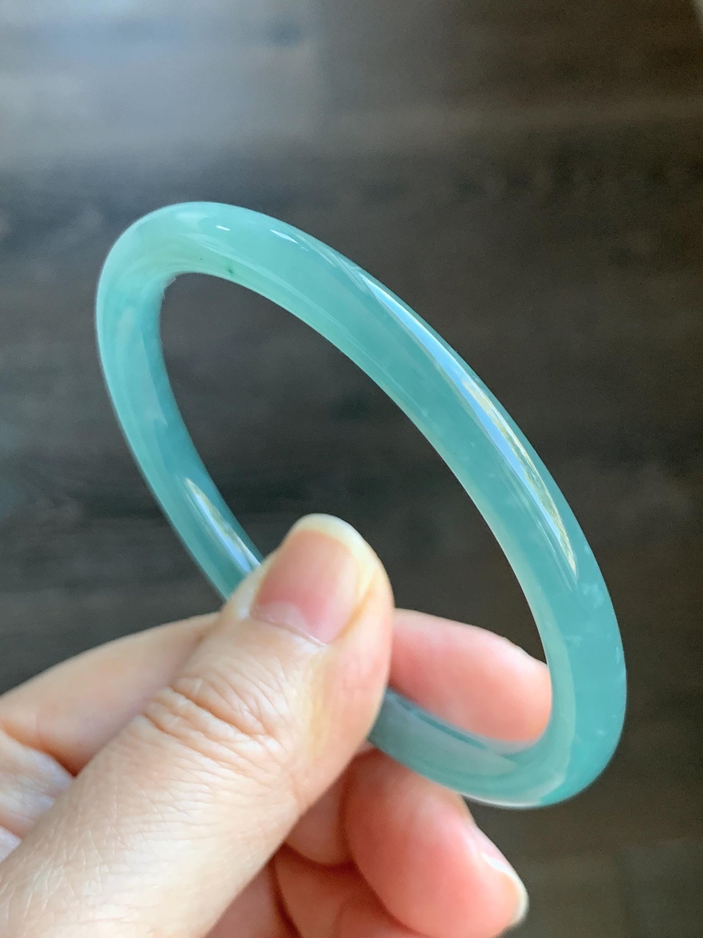 Certified Natural Grade A Guatemalan Icy Translucent Gelatinous Blueish Green Jadeite Bangle Bracelet 56.76m 21.4g 天然冰胶危蓝绿翡翠圆条手镯 1140