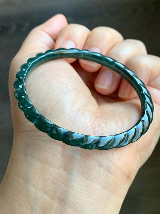 Certified Natural Grade A Icy Translucent Gelatinous Teal Green Jadeite Carved Braid Bangle Bracelet 55.88mm 6.9” 13.9g 天然冰危篮绿翡翠麻花手镯 1141