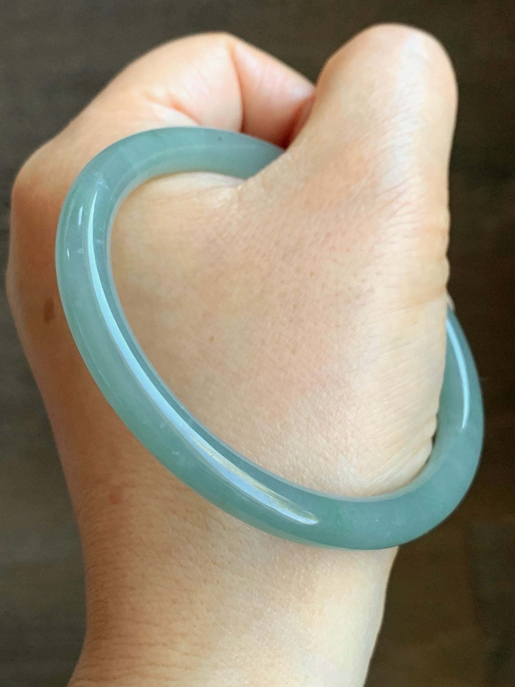 Certified Natural Grade A Guatemalan Icy Translucent Gelatinous Light Blueish Green Jadeite Bangle Bracelet 58.6mm 26.6g 天然冰胶危淡蓝绿翡翠圆条手镯 1146