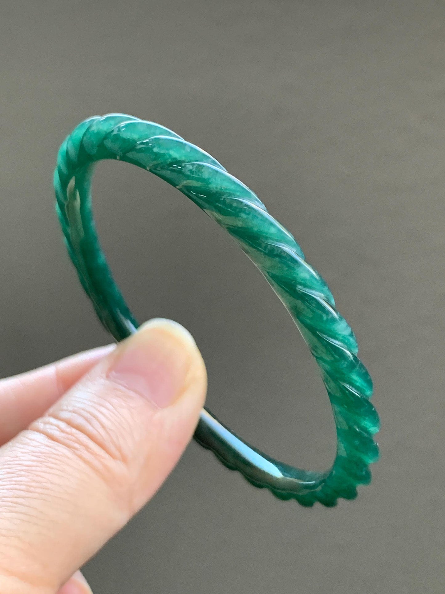 Certified Natural Grade A Icy Translucent Gelatinous Dark Green Jadeite Carved Braid Bangle Bracelet 53.79mm 6.65” 12.45g 天然冰危绿翡翠麻花手镯 1142