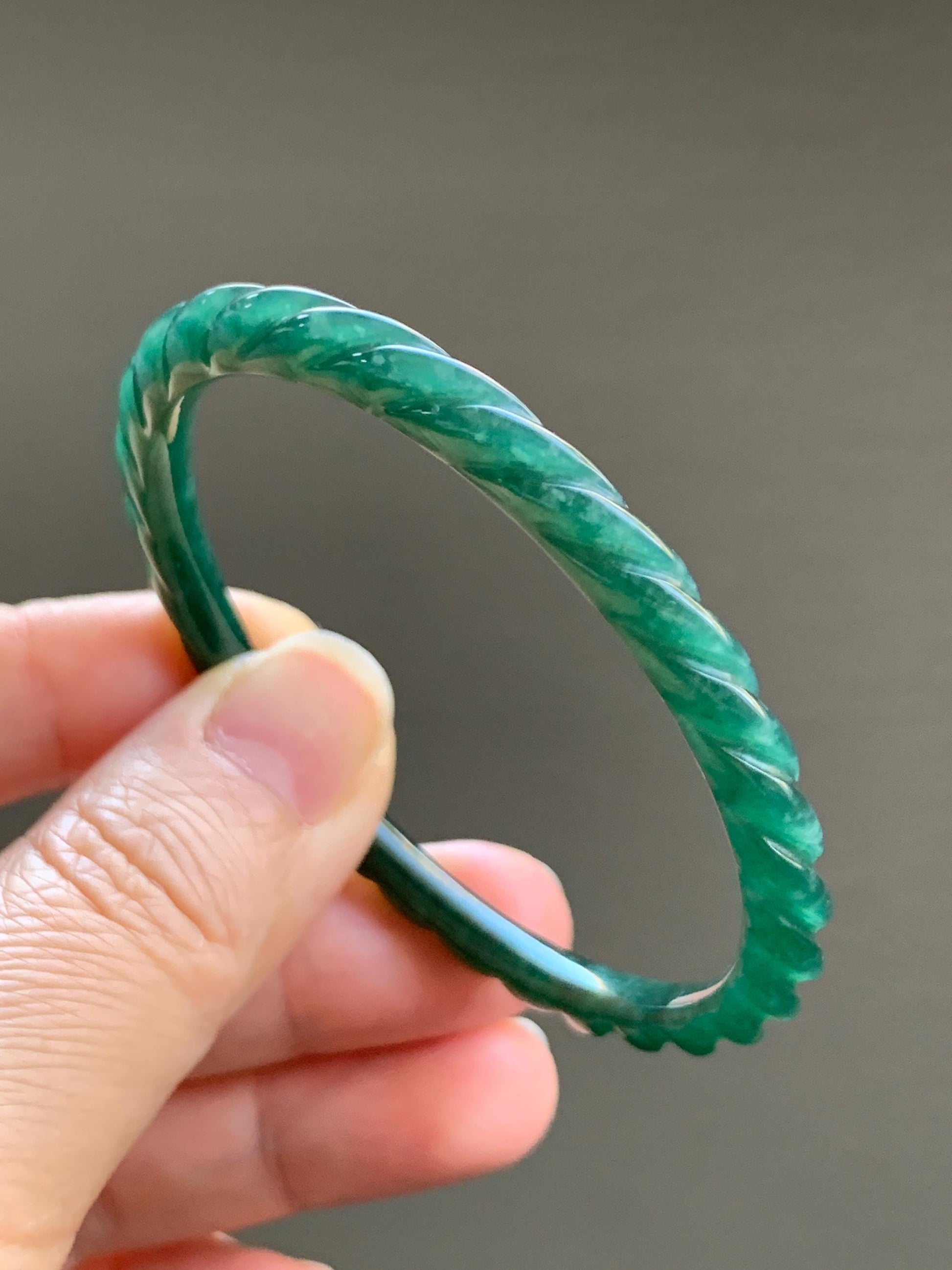 Certified Natural Grade A Icy Translucent Gelatinous Dark Green Jadeite Carved Braid Bangle Bracelet 53.79mm 6.65” 12.45g 天然冰危绿翡翠麻花手镯 1142