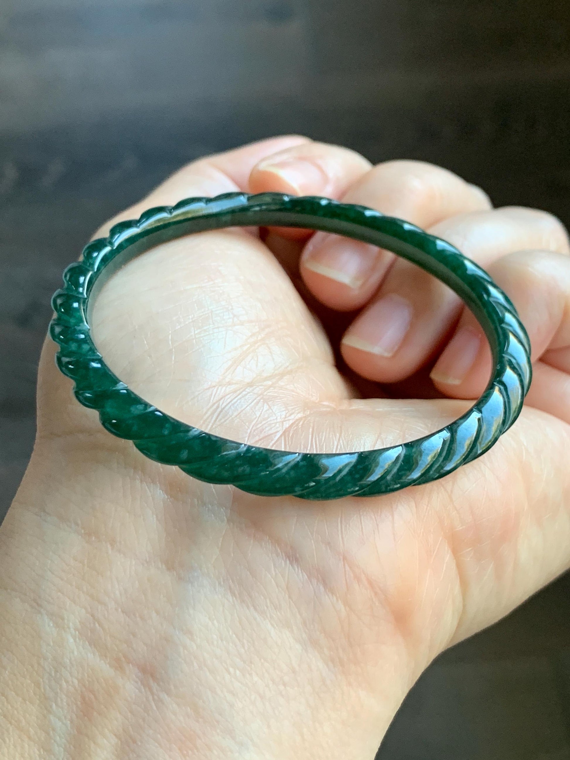 Certified Natural Grade A Icy Translucent Gelatinous Dark Green Jadeite Carved Braid Bangle Bracelet 53.79mm 6.65” 12.45g 天然冰危绿翡翠麻花手镯 1142