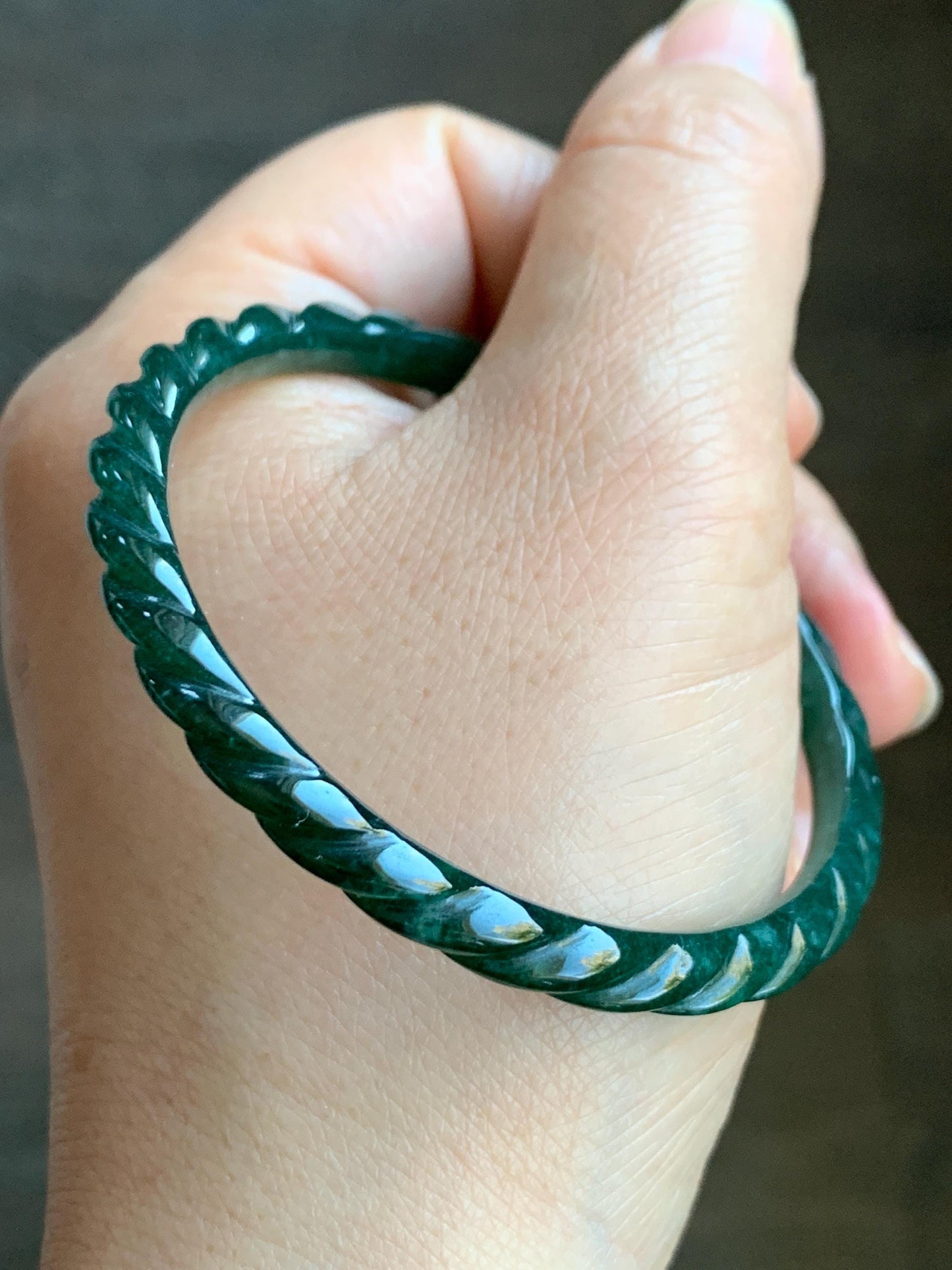 Certified Natural Grade A Icy Translucent Gelatinous Dark Green Jadeite Carved Braid Bangle Bracelet 53.79mm 6.65” 12.45g 天然冰危绿翡翠麻花手镯 1142