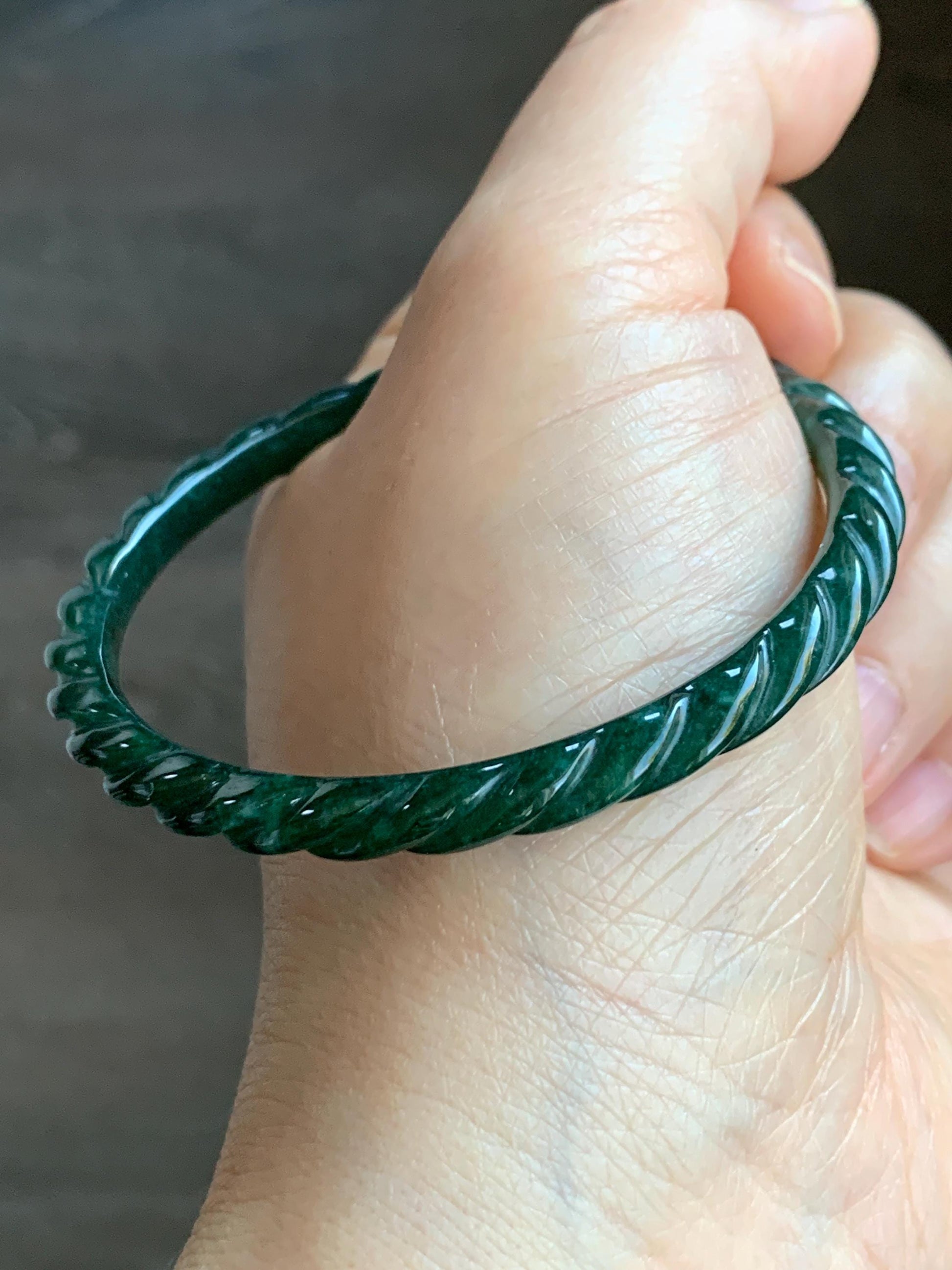 Certified Natural Grade A Icy Translucent Gelatinous Dark Green Jadeite Carved Braid Bangle Bracelet 53.79mm 6.65” 12.45g 天然冰危绿翡翠麻花手镯 1142