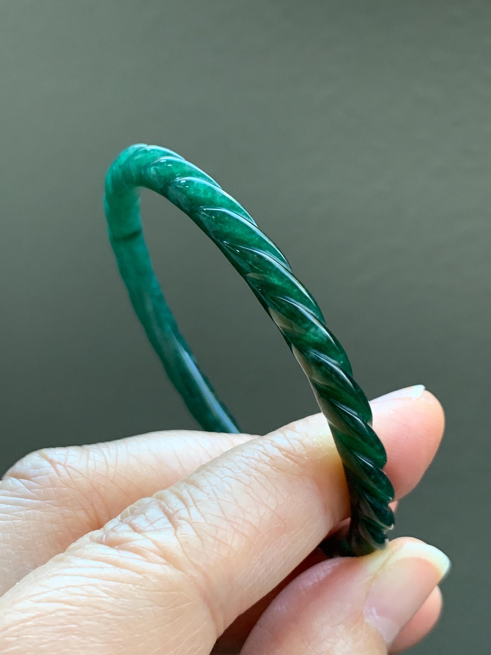 Certified Natural Grade A Icy Translucent Gelatinous Dark Green Jadeite Carved Braid Bangle Bracelet 53.79mm 6.65” 12.45g 天然冰危绿翡翠麻花手镯 1142