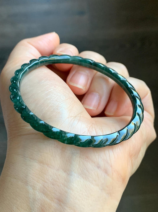 Certified Natural Grade A Icy Translucent Gelatinous Teal Green Jadeite Carved Braid Bangle Bracelet 58mm 7.15” 13.29g 天然冰危篮绿翡翠麻花手镯 1143