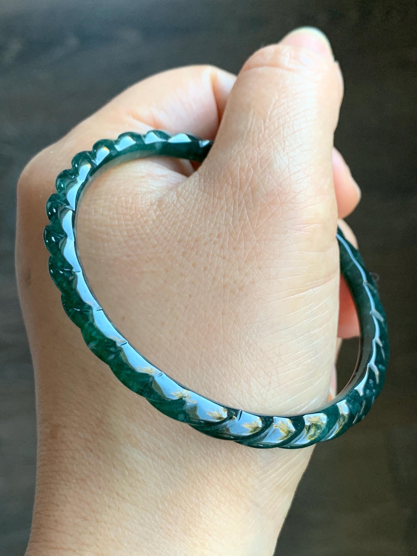 Certified Natural Grade A Icy Translucent Gelatinous Teal Green Jadeite Carved Braid Bangle Bracelet 58mm 7.15” 13.29g 天然冰危篮绿翡翠麻花手镯 1143