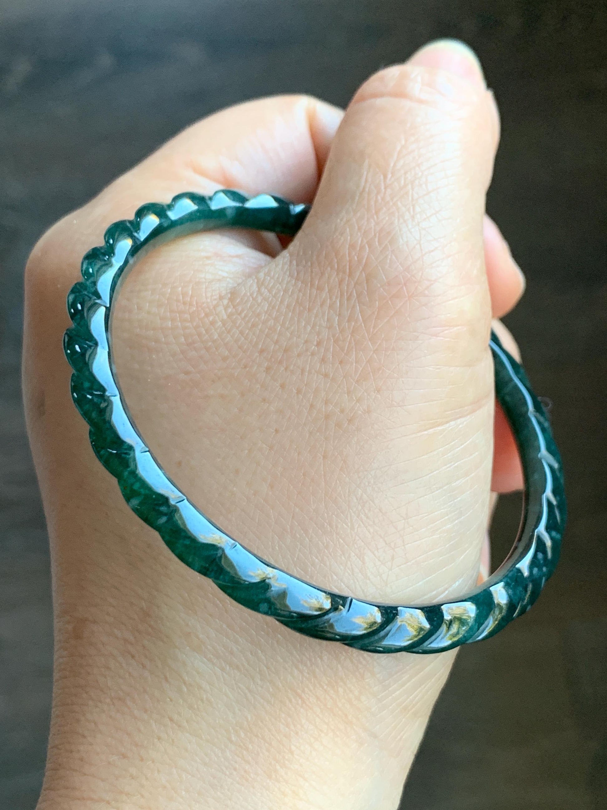 Certified Natural Grade A Icy Translucent Gelatinous Teal Green Jadeite Carved Braid Bangle Bracelet 58mm 7.15” 13.29g 天然冰危篮绿翡翠麻花手镯 1143