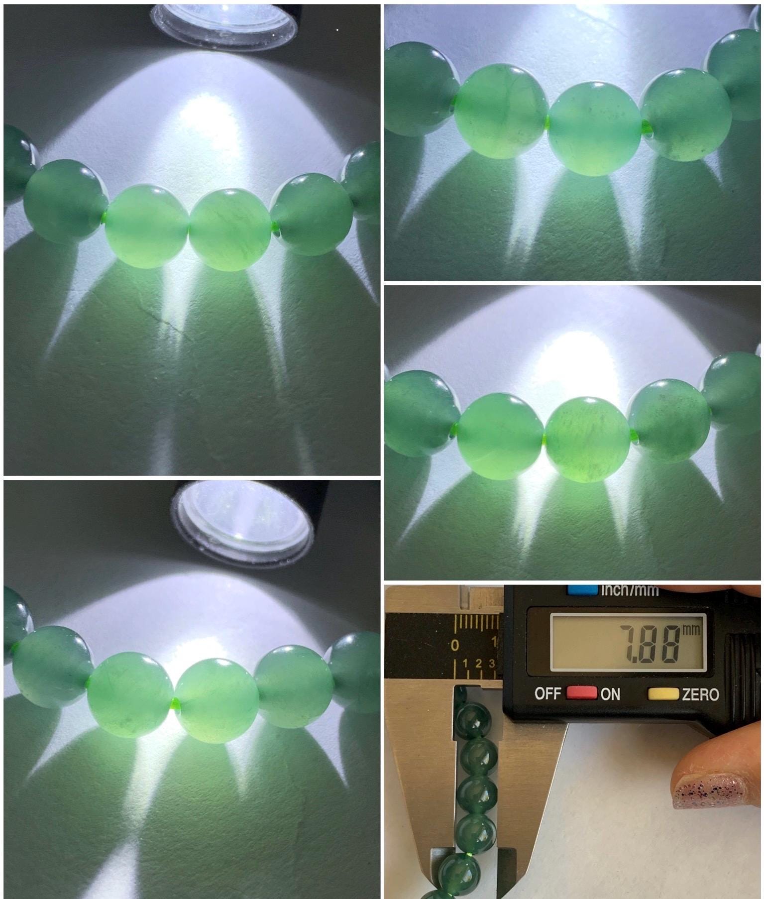 Natural Grade A Guatemalan Icy Highly Translucent Light Teal Green Jade Jadeite Beaded Bracelet 7.8mm 7” 19g 天然老种冰危浅蓝绿翡翠手串 ZKWQ