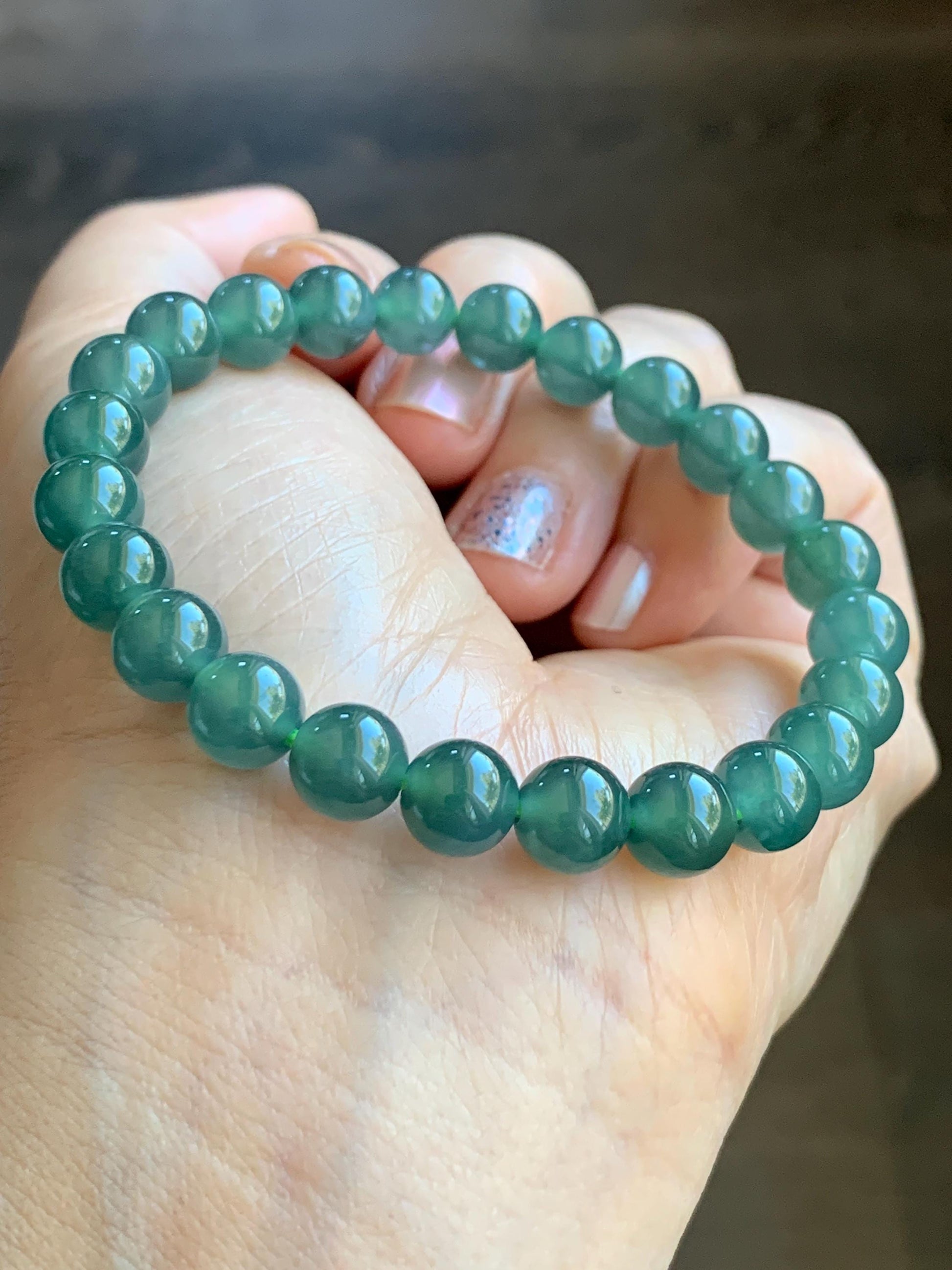 Natural Grade A Guatemalan Icy Highly Translucent Light Teal Green Jade Jadeite Beaded Bracelet 7.8mm 7” 19g 天然老种冰危浅蓝绿翡翠手串 ZKWQ