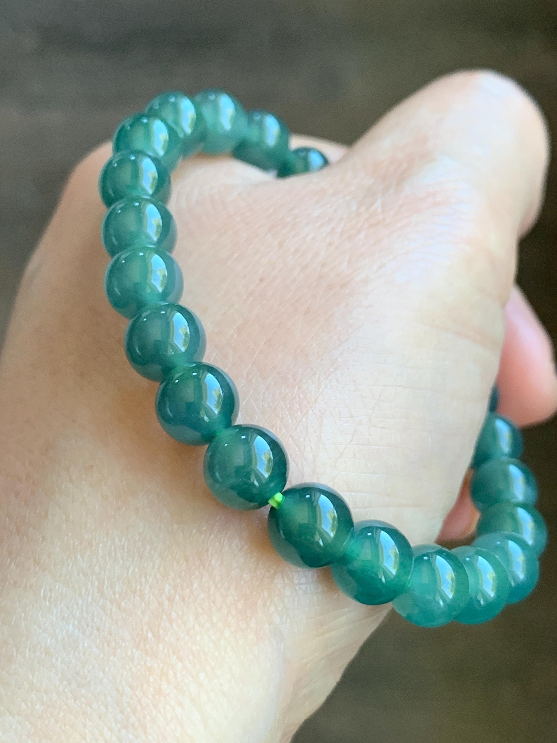 Natural Grade A Guatemalan Icy Highly Translucent Light Teal Green Jade Jadeite Beaded Bracelet 7.8mm 7” 19g 天然老种冰危浅蓝绿翡翠手串 ZKWQ