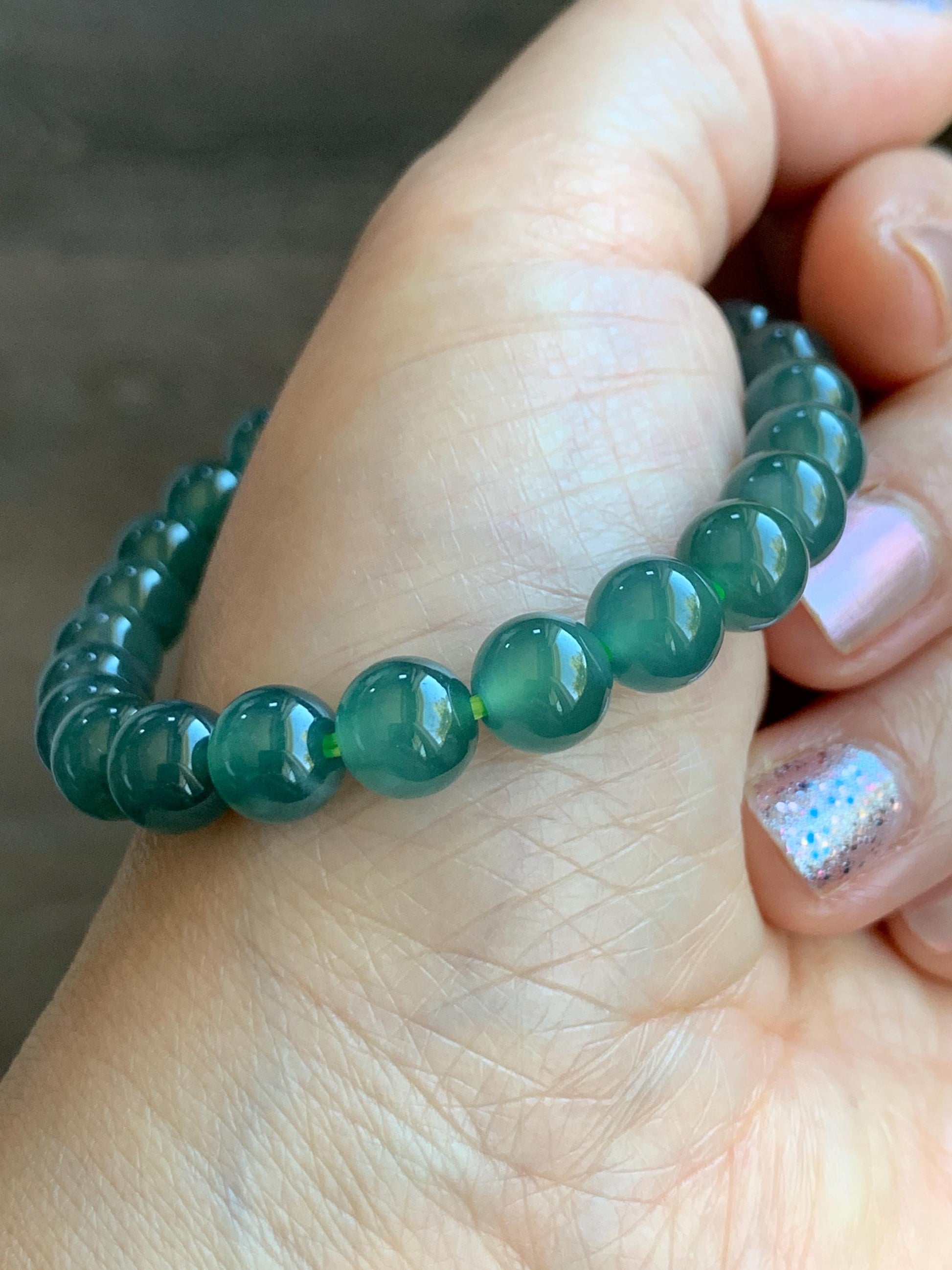 Natural Grade A Guatemalan Icy Highly Translucent Light Teal Green Jade Jadeite Beaded Bracelet 7.8mm 7” 19g 天然老种冰危浅蓝绿翡翠手串 ZKWQ