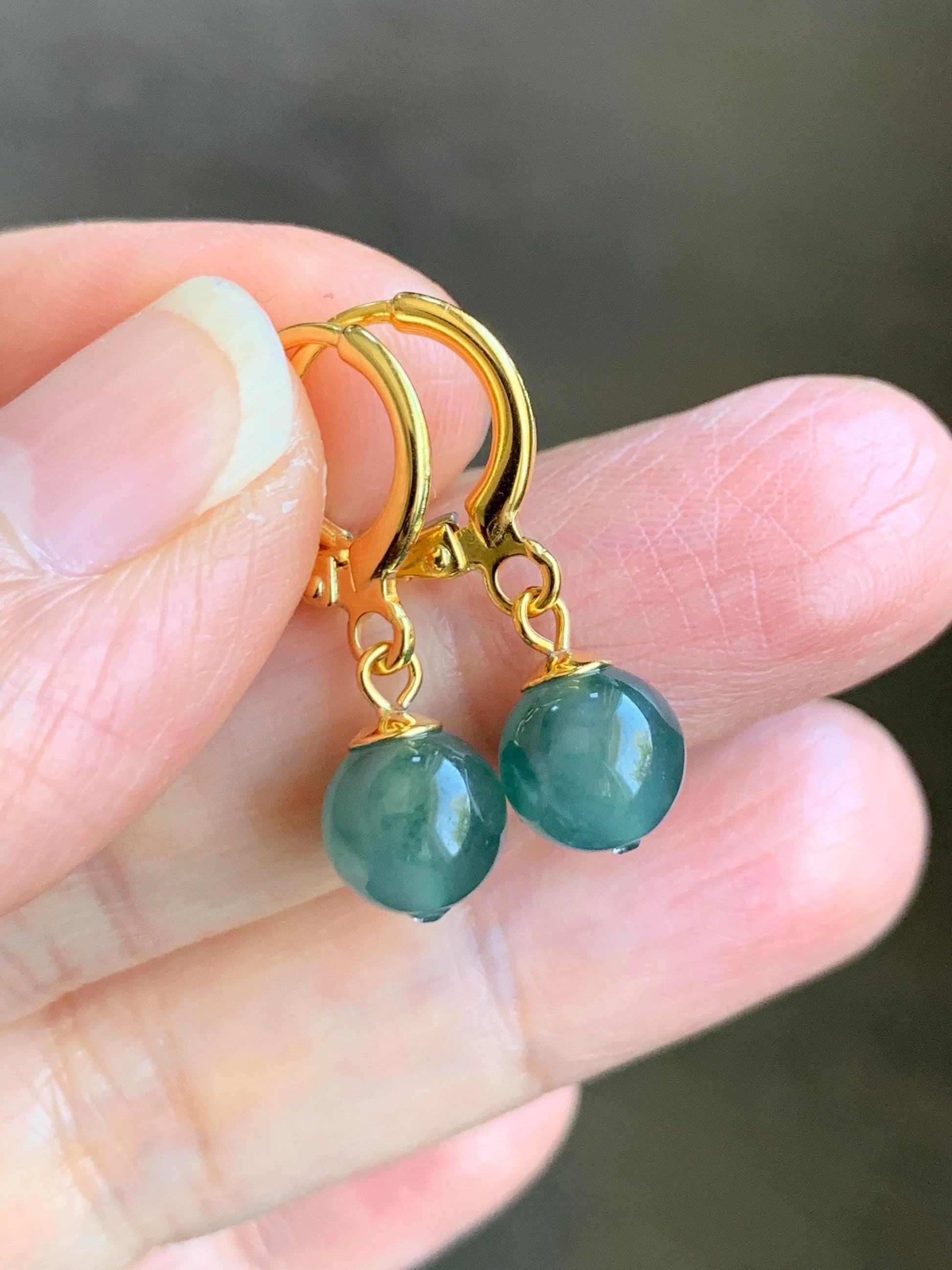 Natural Guatemalan Grade A Icy Highly Translucent Teal Green Marbled Jadeite Beads Lever Back Earrings Sterling Silver YG 天然高冰危飘花翡翠圆珠耳包 G