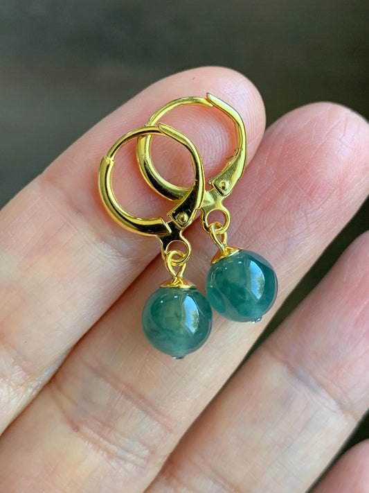 Natural Guatemalan Grade A Icy Highly Translucent Teal Green Marbled Jadeite Beads Lever Back Earrings Sterling Silver YG 天然高冰危飘花翡翠圆珠耳包 G