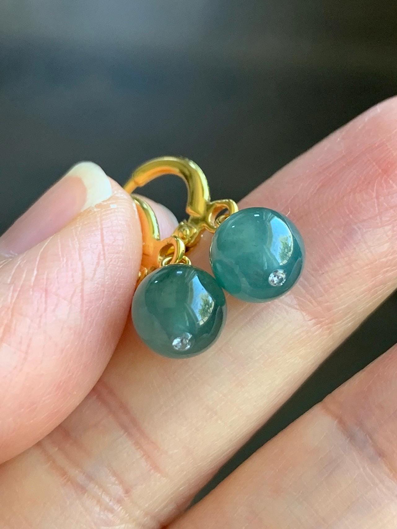 Natural Guatemalan Grade A Icy Highly Translucent Teal Green Marbled Jadeite Beads Lever Back Earrings Sterling Silver YG 天然高冰危飘花翡翠圆珠耳包 G