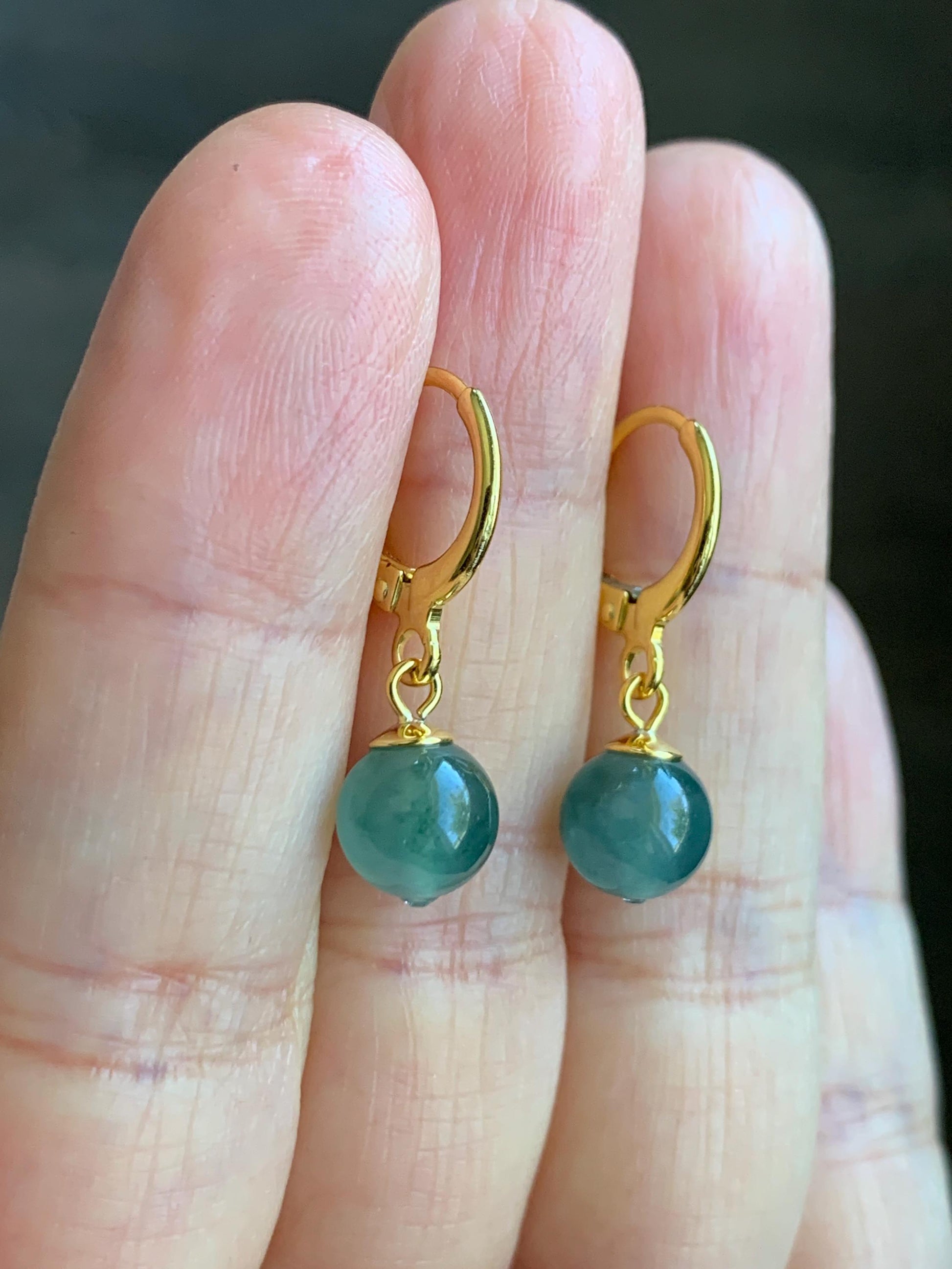 Natural Guatemalan Grade A Icy Highly Translucent Teal Green Marbled Jadeite Beads Lever Back Earrings Sterling Silver YG 天然高冰危飘花翡翠圆珠耳包 G