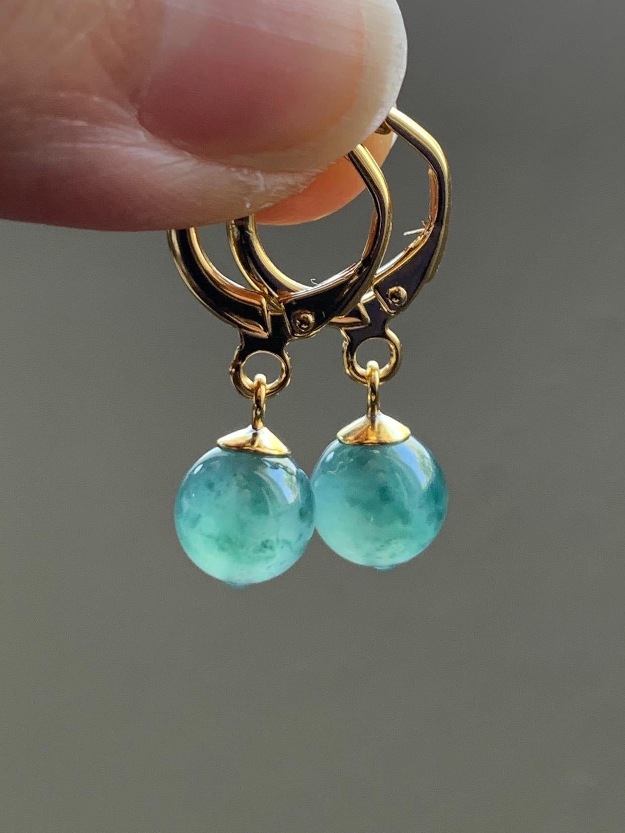 Natural Guatemalan Grade A Icy Highly Translucent Teal Green Marbled Jadeite Beads Lever Back Earrings Sterling Silver YG 天然高冰危飘花翡翠圆珠耳包 G