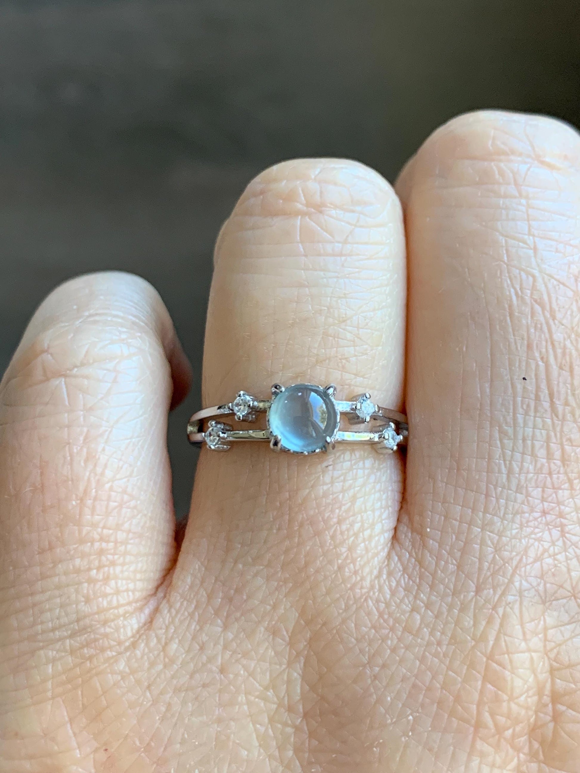 Natural Grade A Guatemalan Icy Highly Translucent Light Blue Jadeite Ring Sterling Silver Size 7 Adjustable 天然冰危淡蓝翡翠满天星开口银镶戒指 MTX130