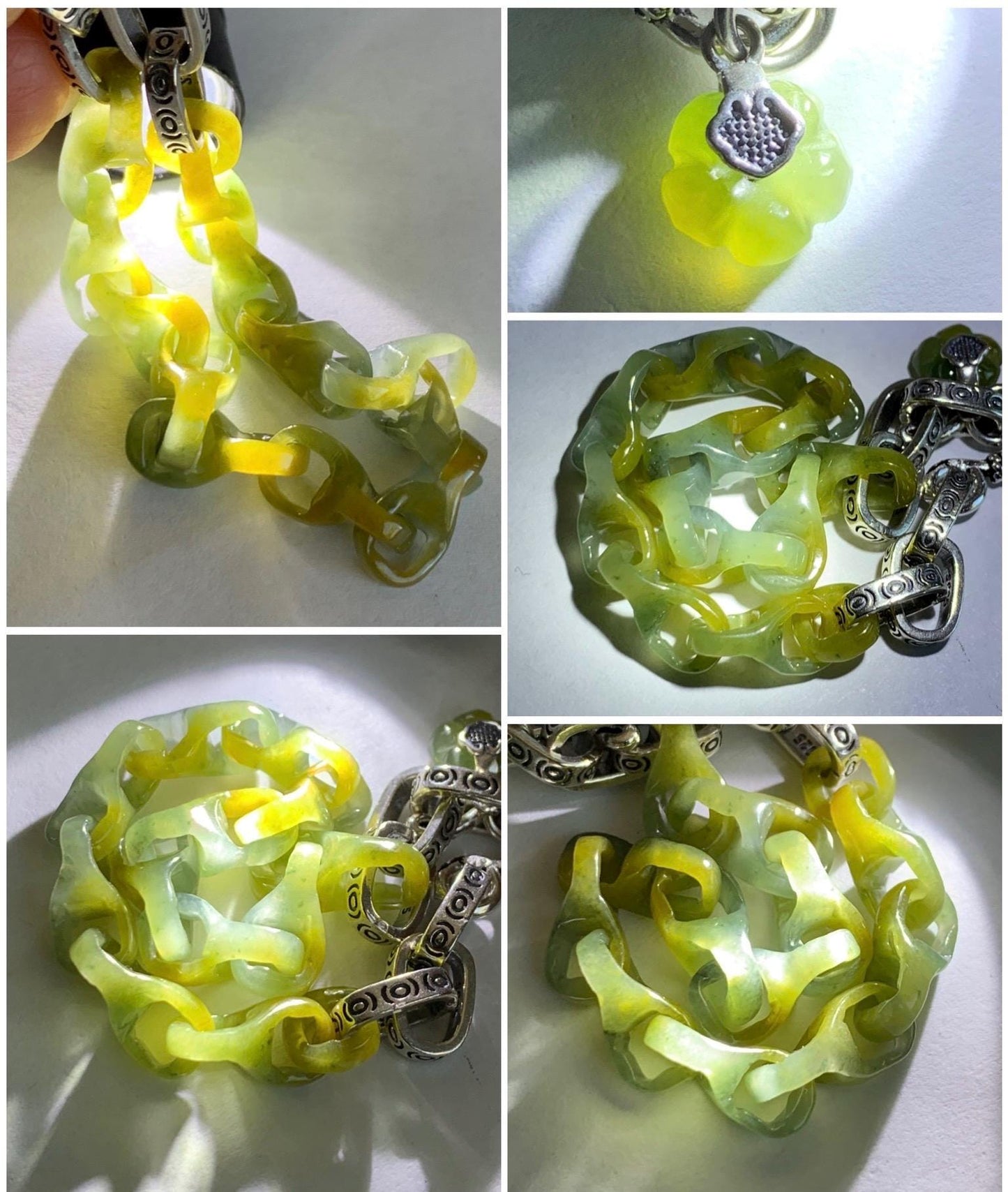 Certified Natural Guatemalan Icy Yellow Marbled Jadeite Interlocking Dragon Bone Link Chain Bracelet Sterling Silver 6.75" 天然冰危蓝加黄翡翠龙骨链手链