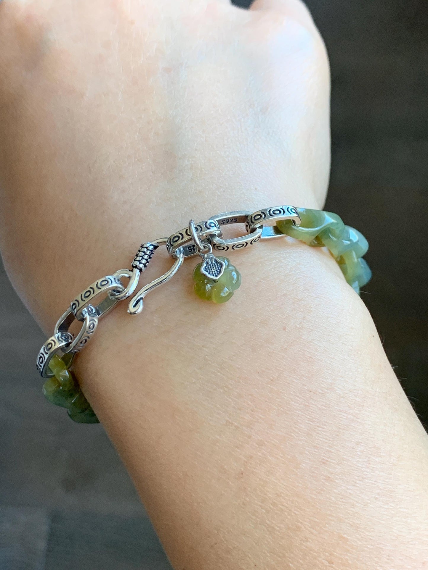 Certified Natural Guatemalan Icy Yellow Marbled Jadeite Interlocking Dragon Bone Link Chain Bracelet Sterling Silver 6.75" 天然冰危蓝加黄翡翠龙骨链手链