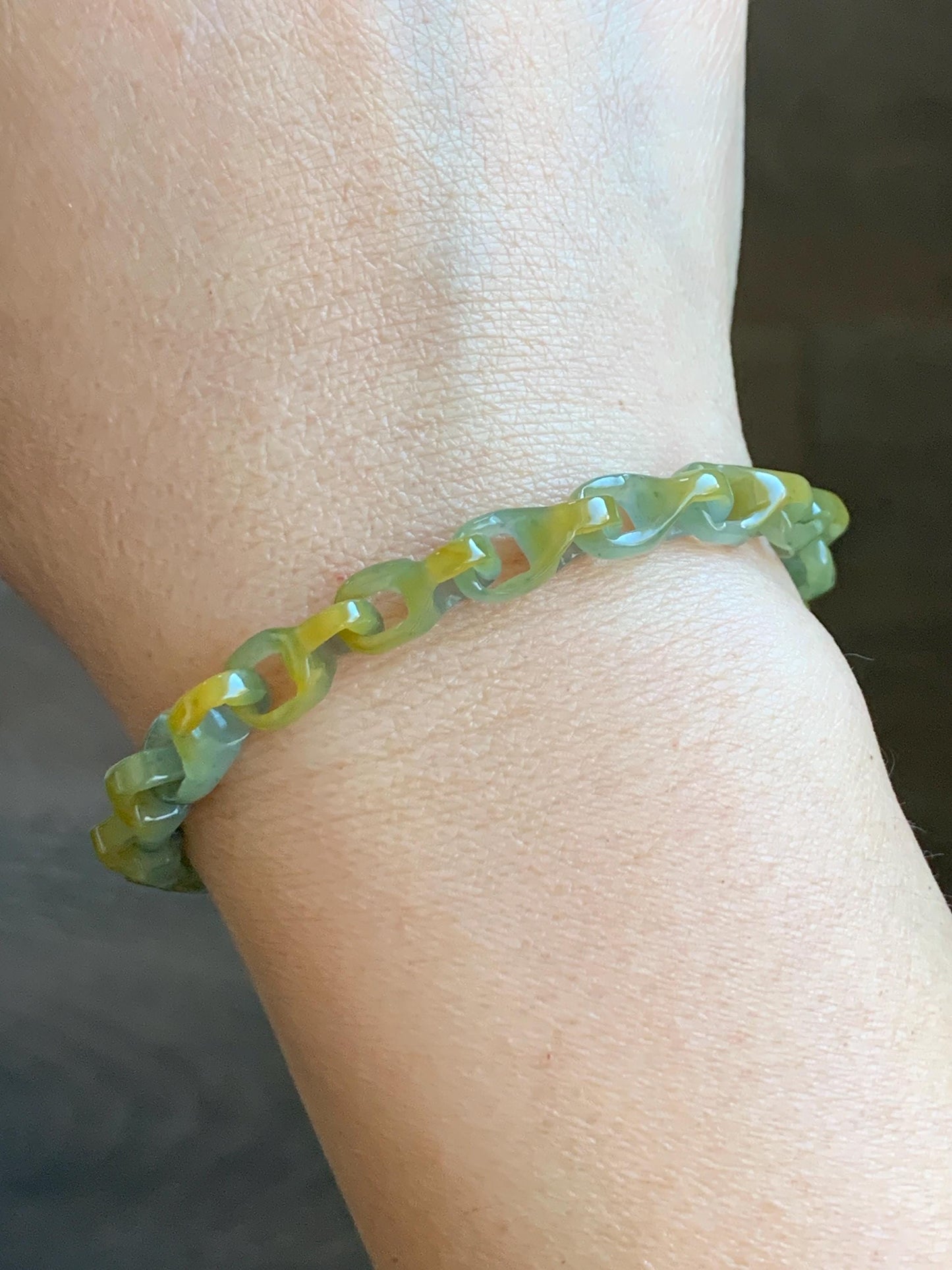 Certified Natural Guatemalan Icy Yellow Marbled Jadeite Interlocking Dragon Bone Link Chain Bracelet Sterling Silver 6.75" 天然冰危蓝加黄翡翠龙骨链手链