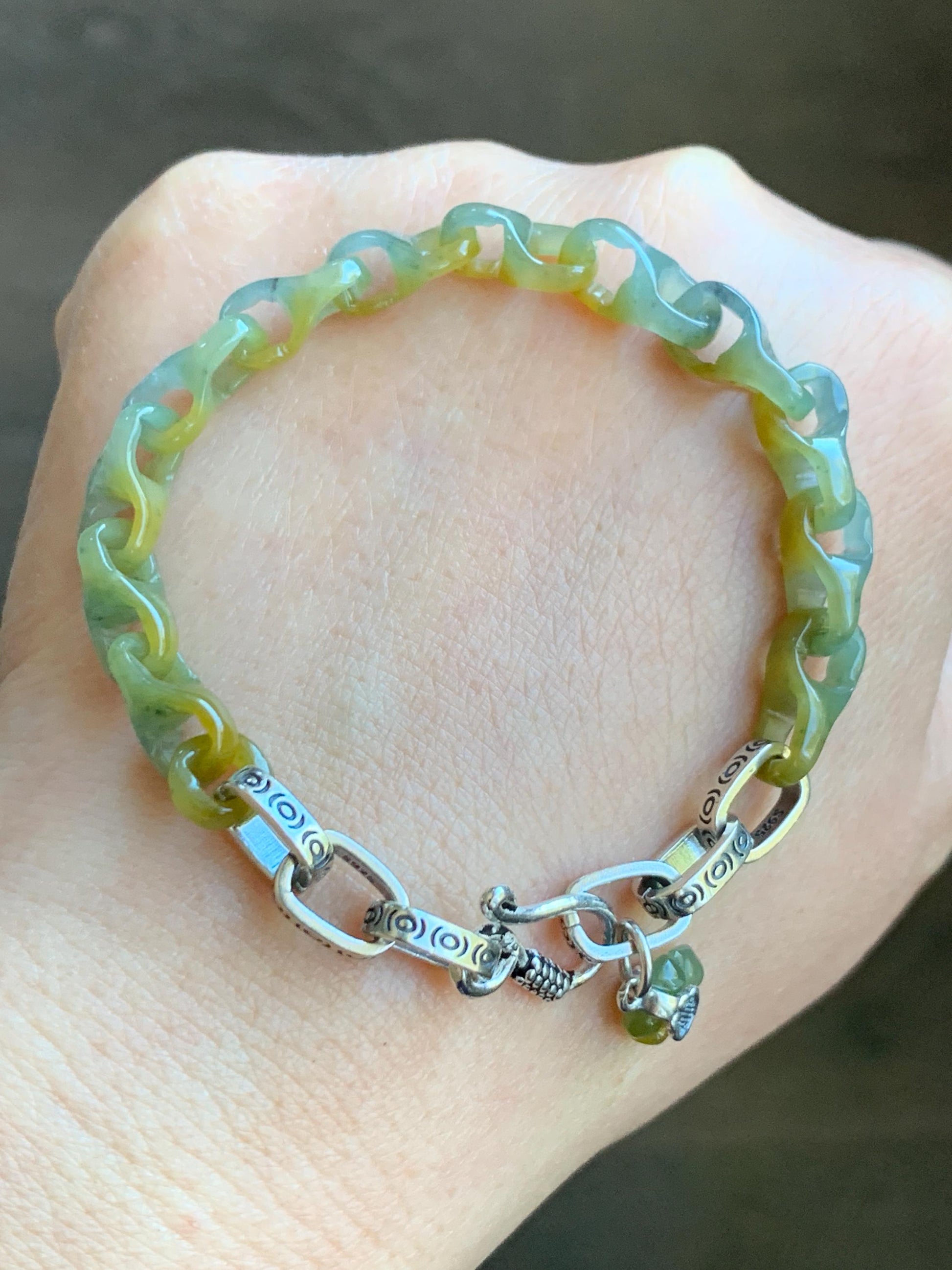 Certified Natural Guatemalan Icy Yellow Marbled Jadeite Interlocking Dragon Bone Link Chain Bracelet Sterling Silver 6.75" 天然冰危蓝加黄翡翠龙骨链手链