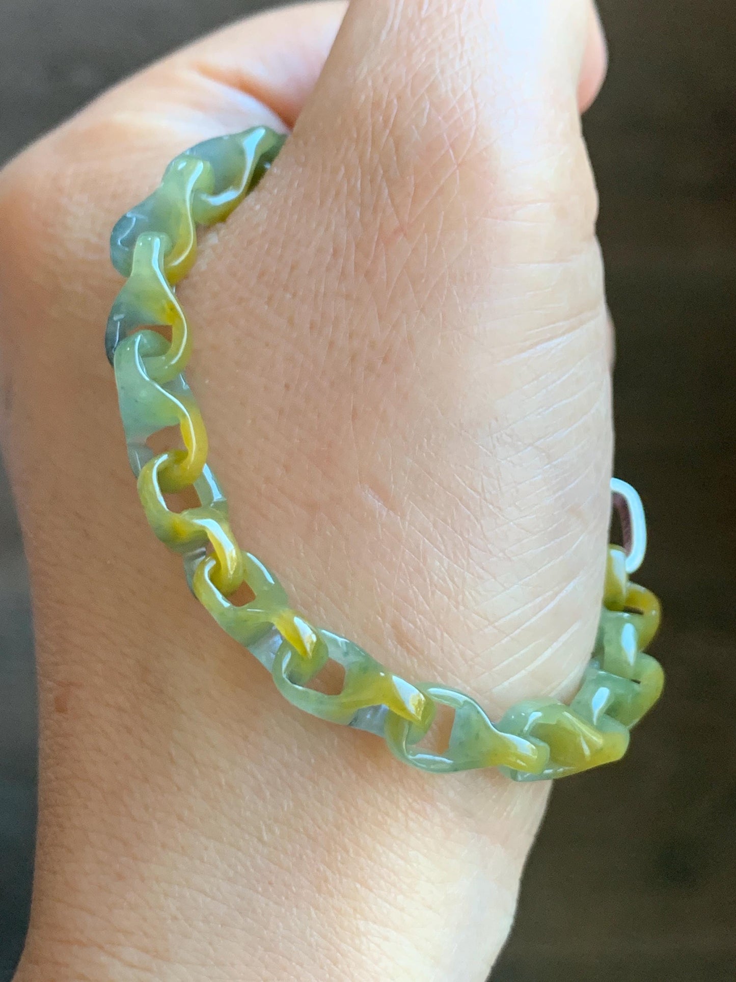 Certified Natural Guatemalan Icy Yellow Marbled Jadeite Interlocking Dragon Bone Link Chain Bracelet Sterling Silver 6.75" 天然冰危蓝加黄翡翠龙骨链手链