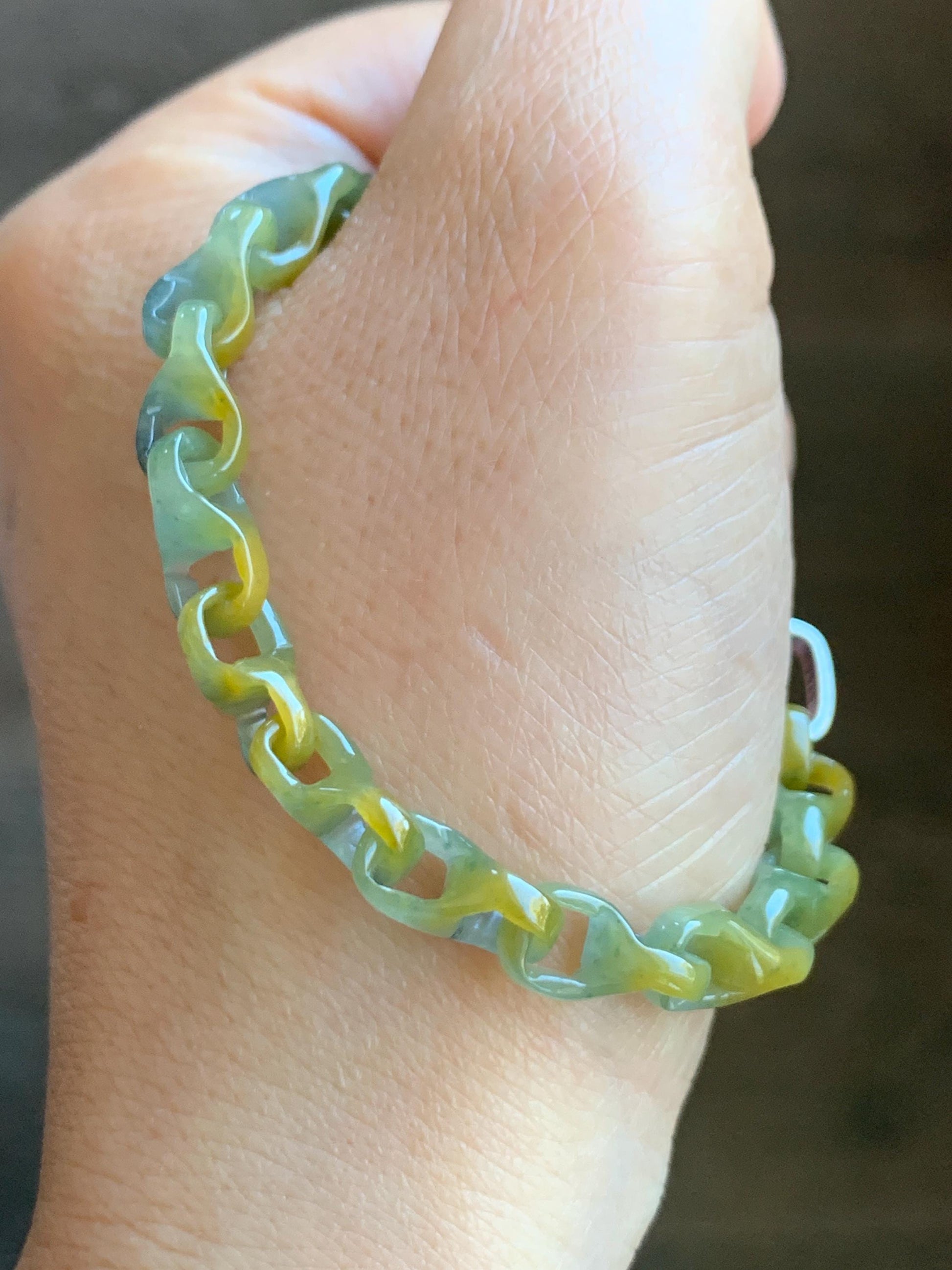 Certified Natural Guatemalan Icy Yellow Marbled Jadeite Interlocking Dragon Bone Link Chain Bracelet Sterling Silver 6.75" 天然冰危蓝加黄翡翠龙骨链手链