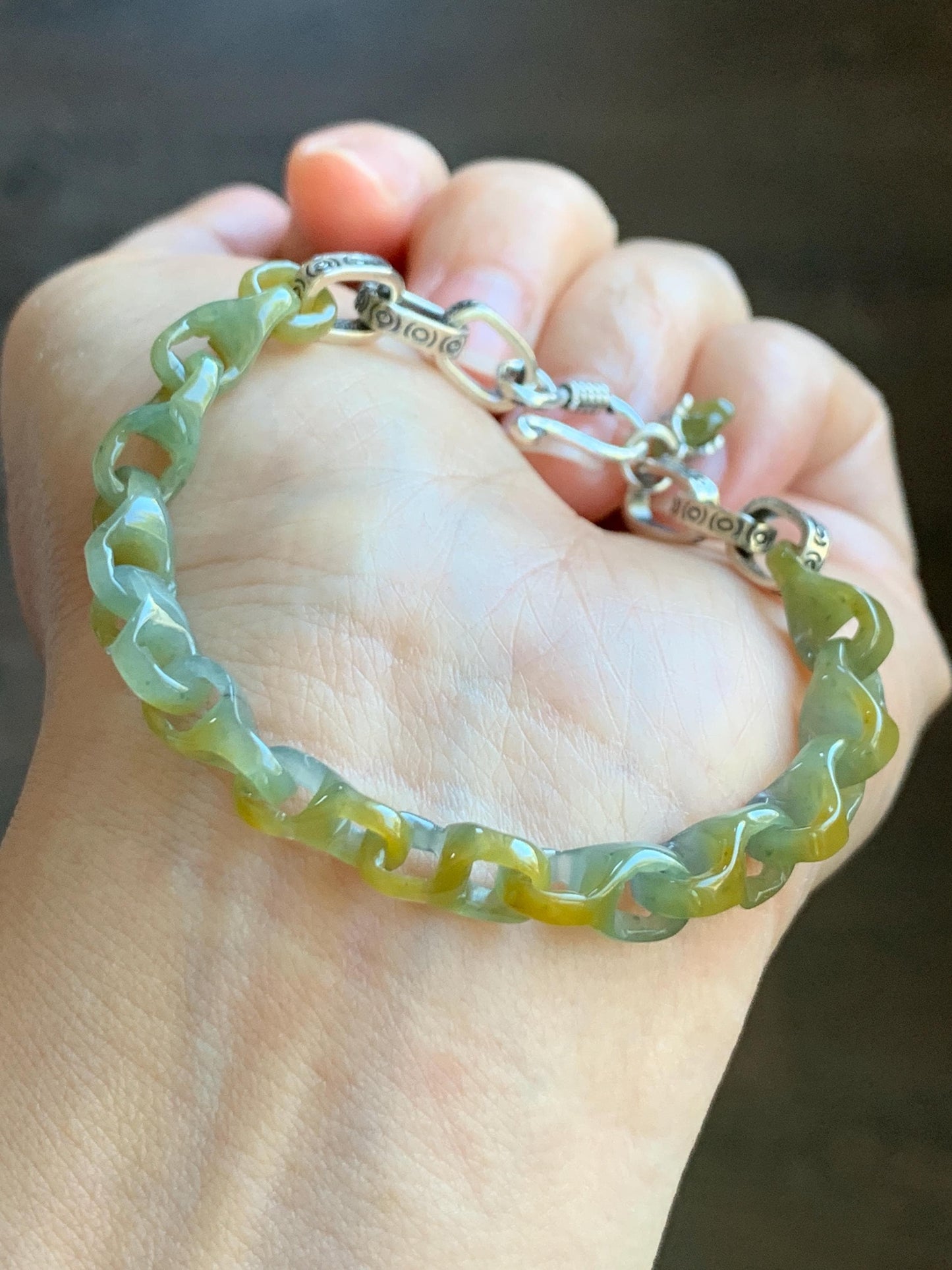 Certified Natural Guatemalan Icy Yellow Marbled Jadeite Interlocking Dragon Bone Link Chain Bracelet Sterling Silver 6.75" 天然冰危蓝加黄翡翠龙骨链手链