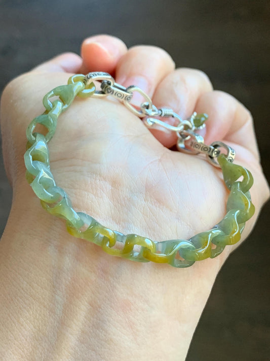 Certified Natural Guatemalan Icy Yellow Marbled Jadeite Interlocking Dragon Bone Link Chain Bracelet Sterling Silver 6.75" 天然冰危蓝加黄翡翠龙骨链手链
