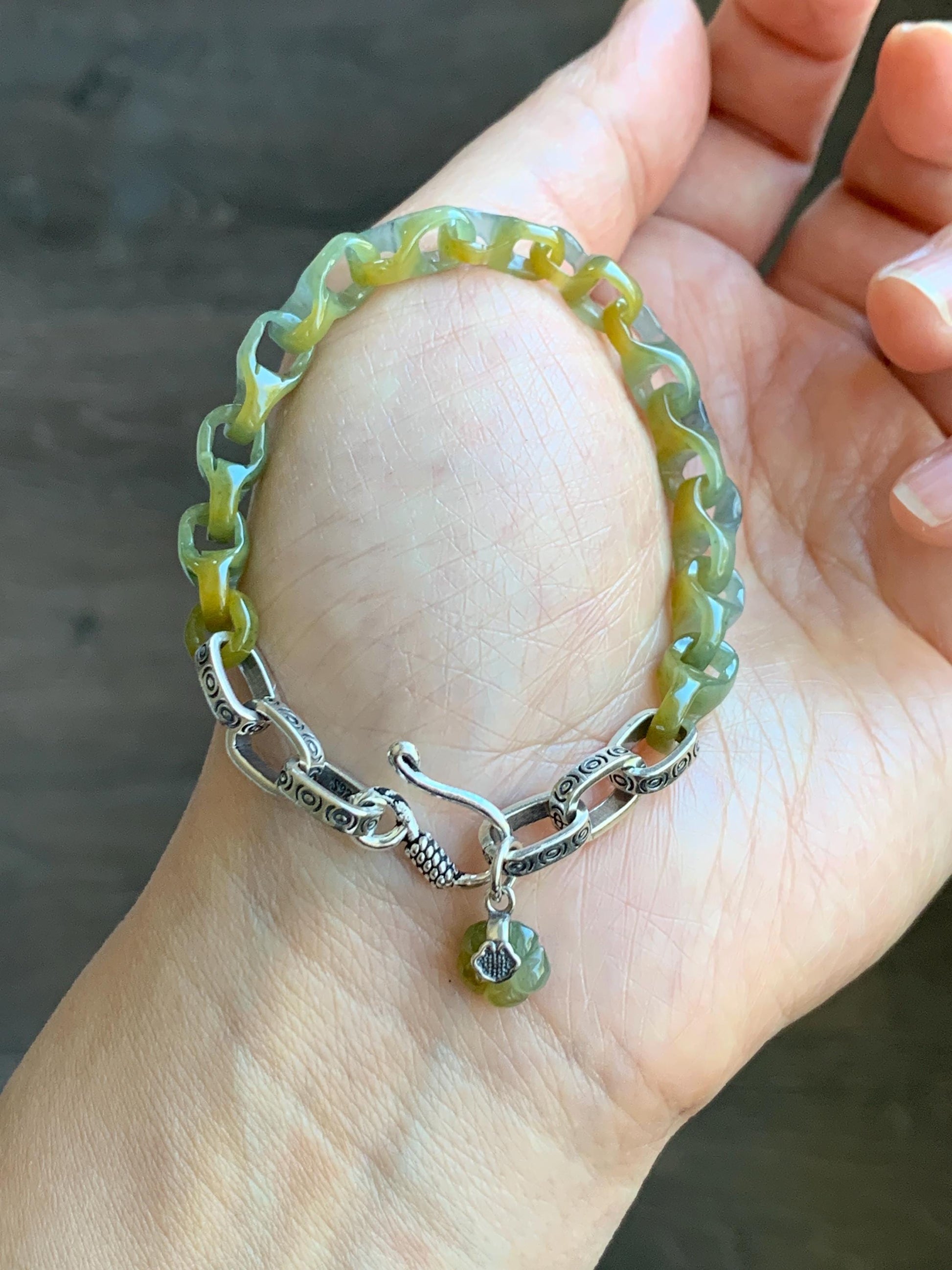 Certified Natural Guatemalan Icy Yellow Marbled Jadeite Interlocking Dragon Bone Link Chain Bracelet Sterling Silver 6.75" 天然冰危蓝加黄翡翠龙骨链手链