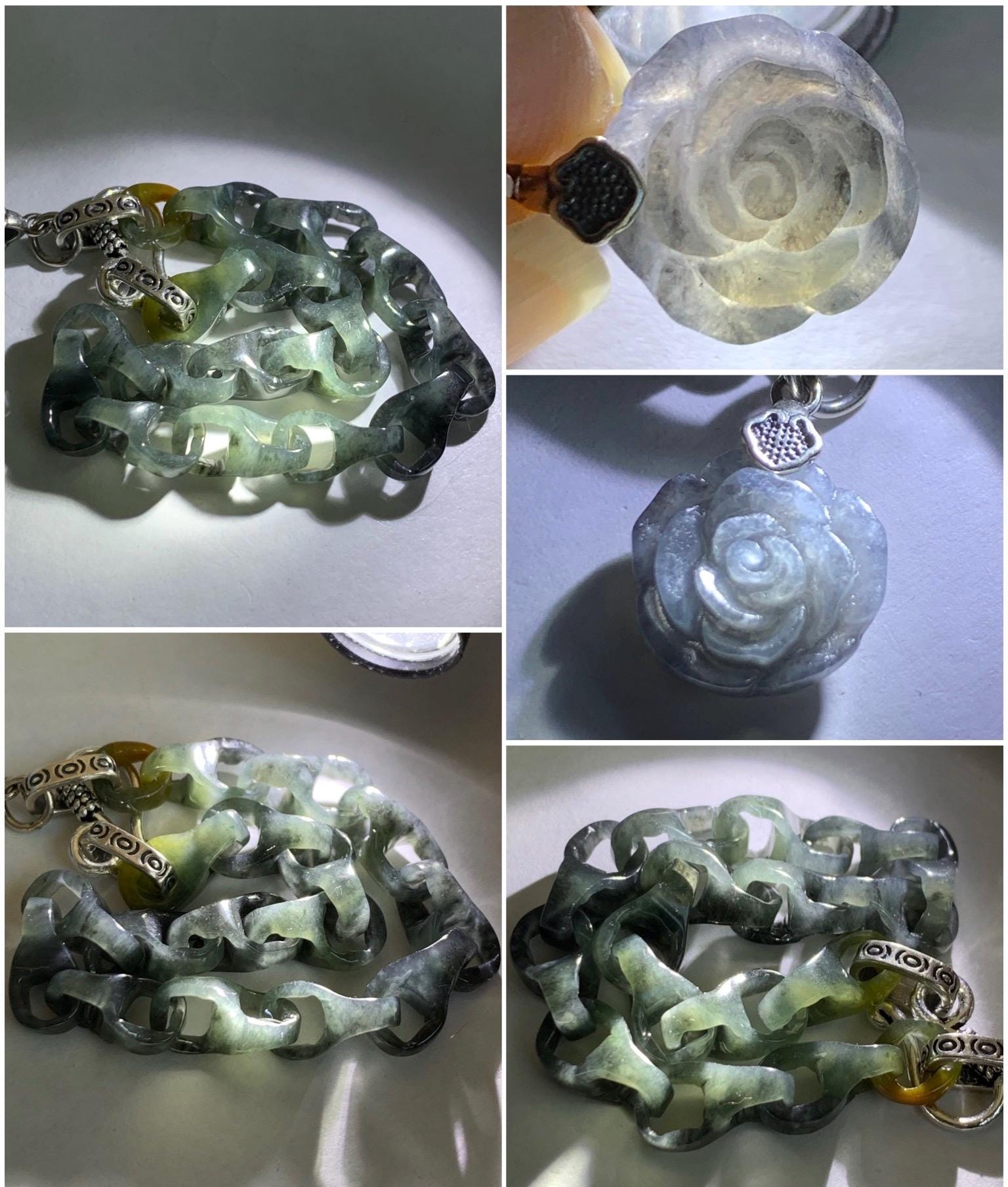 Certified Natural Grade A Icy Translucent Wuji Jadeite Interlocking Dragon Bone Link Chain Bracelet Sterling Silver 7.25" 天然冰胶乌鸡翡翠龙骨链手链 1129