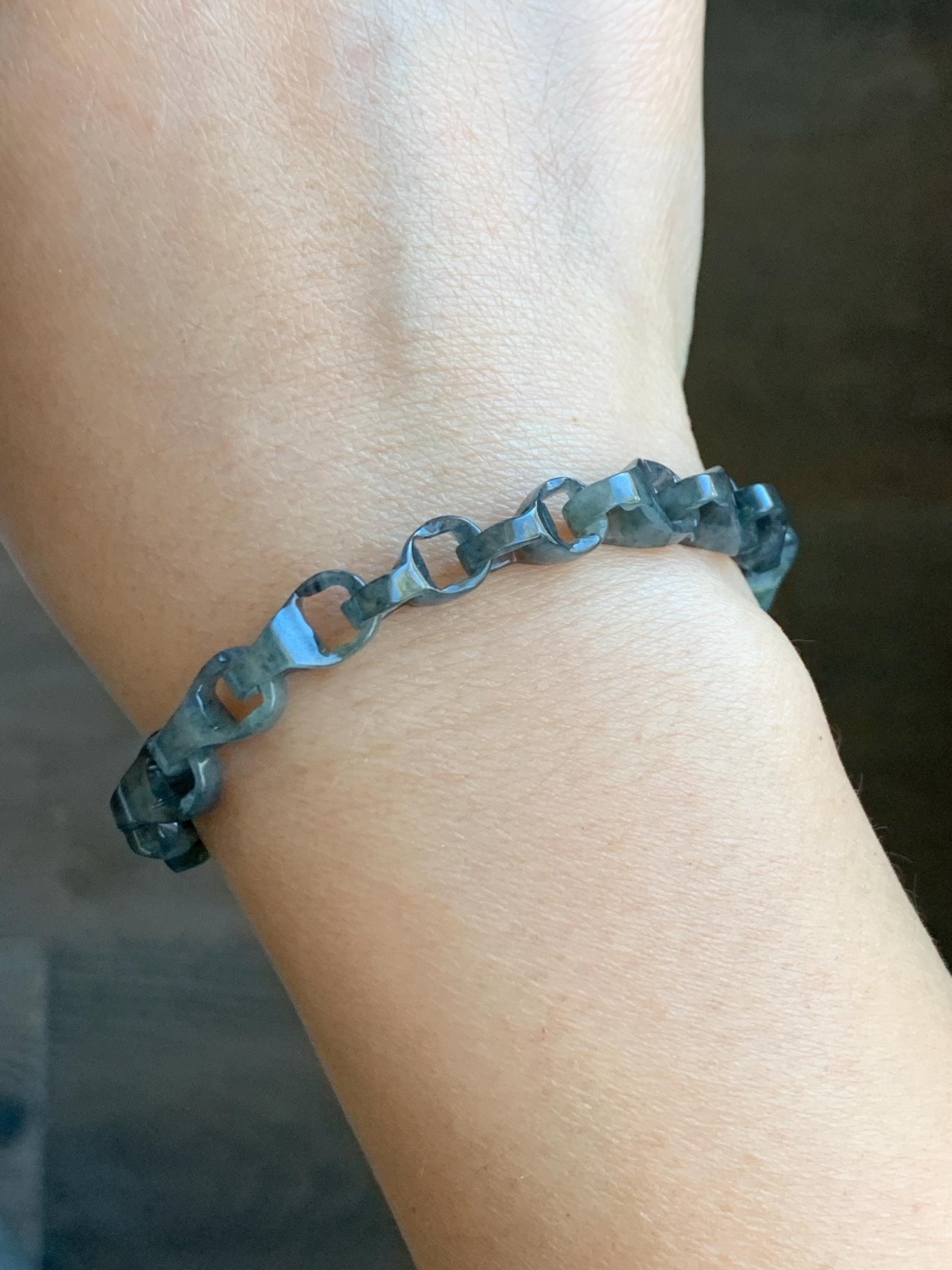 Certified Natural Grade A Icy Translucent Wuji Jadeite Interlocking Dragon Bone Link Chain Bracelet Sterling Silver 7.25" 天然冰胶乌鸡翡翠龙骨链手链 1129