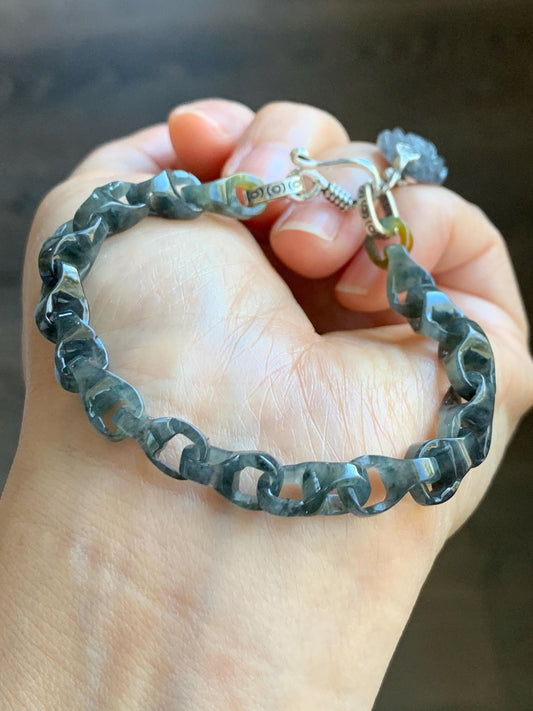 Certified Natural Grade A Icy Translucent Wuji Jadeite Interlocking Dragon Bone Link Chain Bracelet Sterling Silver 7.25" 天然冰胶乌鸡翡翠龙骨链手链 1129