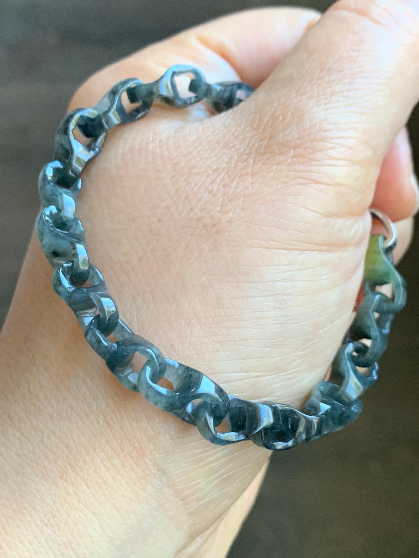 Certified Natural Grade A Icy Translucent Wuji Jadeite Interlocking Dragon Bone Link Chain Bracelet Sterling Silver 7.25" 天然冰胶乌鸡翡翠龙骨链手链 1129