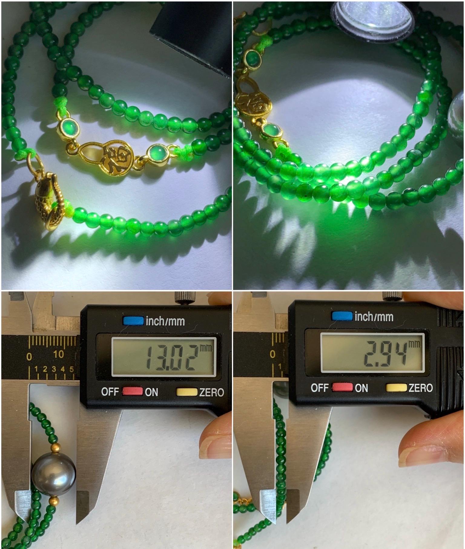 Natural Grade A Guatemalan Icy Translucent Vibrant Green Jadeite Genuine Tahitian Pearl Sterling Silver Beaded Necklace 16” 天然冰危绿翡翠珠大溪地珍珠项链