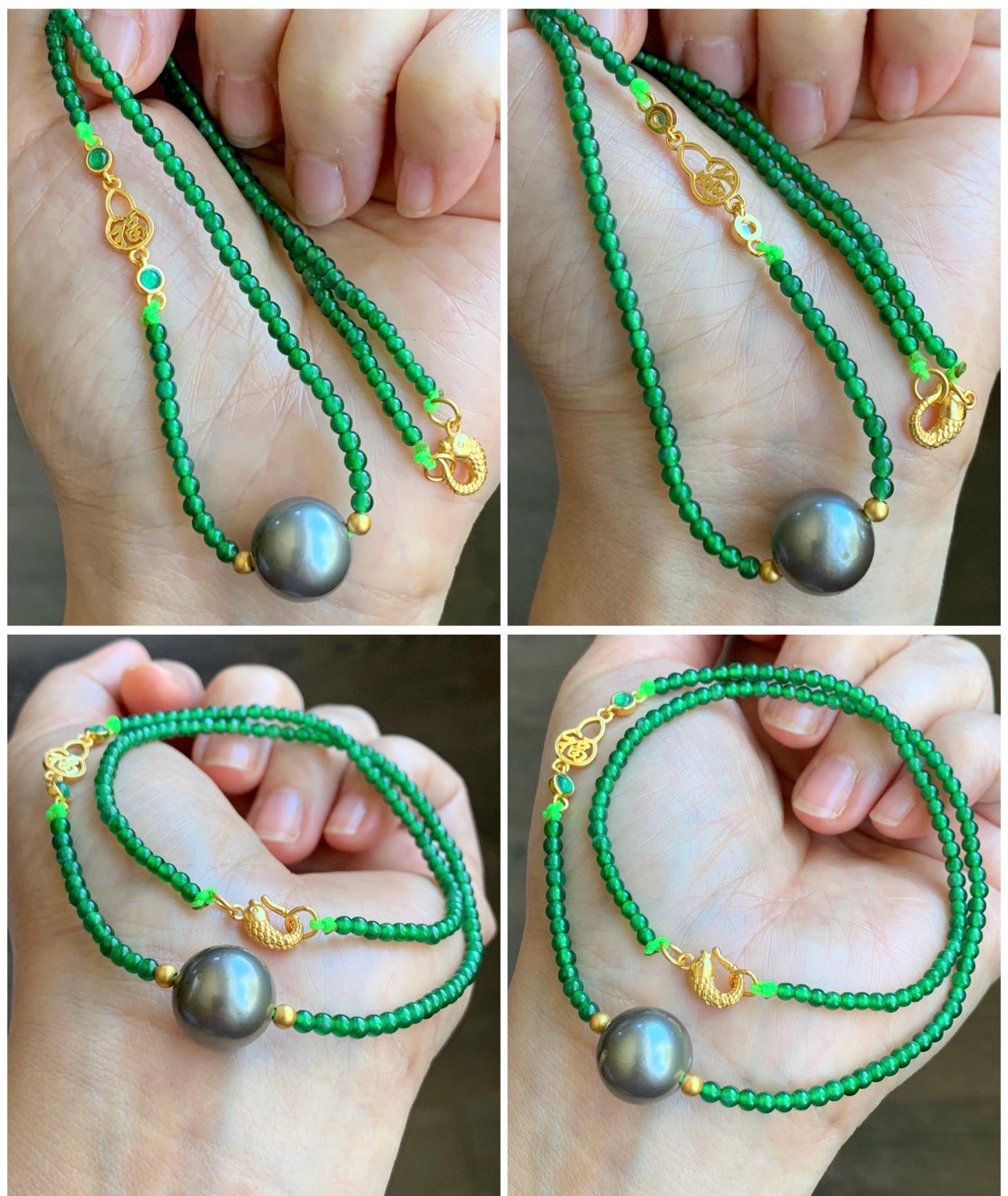 Natural Grade A Guatemalan Icy Translucent Vibrant Green Jadeite Genuine Tahitian Pearl Sterling Silver Beaded Necklace 16” 天然冰危绿翡翠珠大溪地珍珠项链