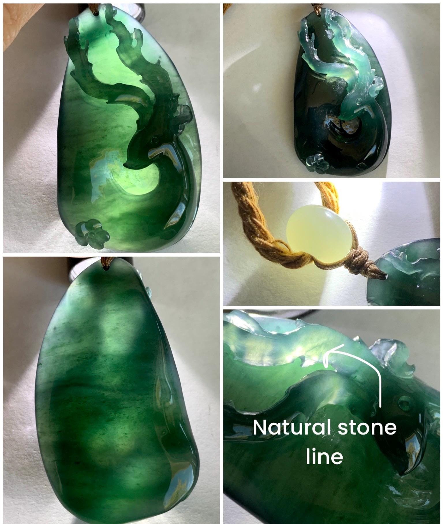 Natural Grade A Guatemalan Icy Translucent Dark Teal Green Jadeite Carved Deer Cherry Blossom Pendant Rope Necklace 26" 31g 天然冰胶危湖水绿翡翠梅花鹿吊坠