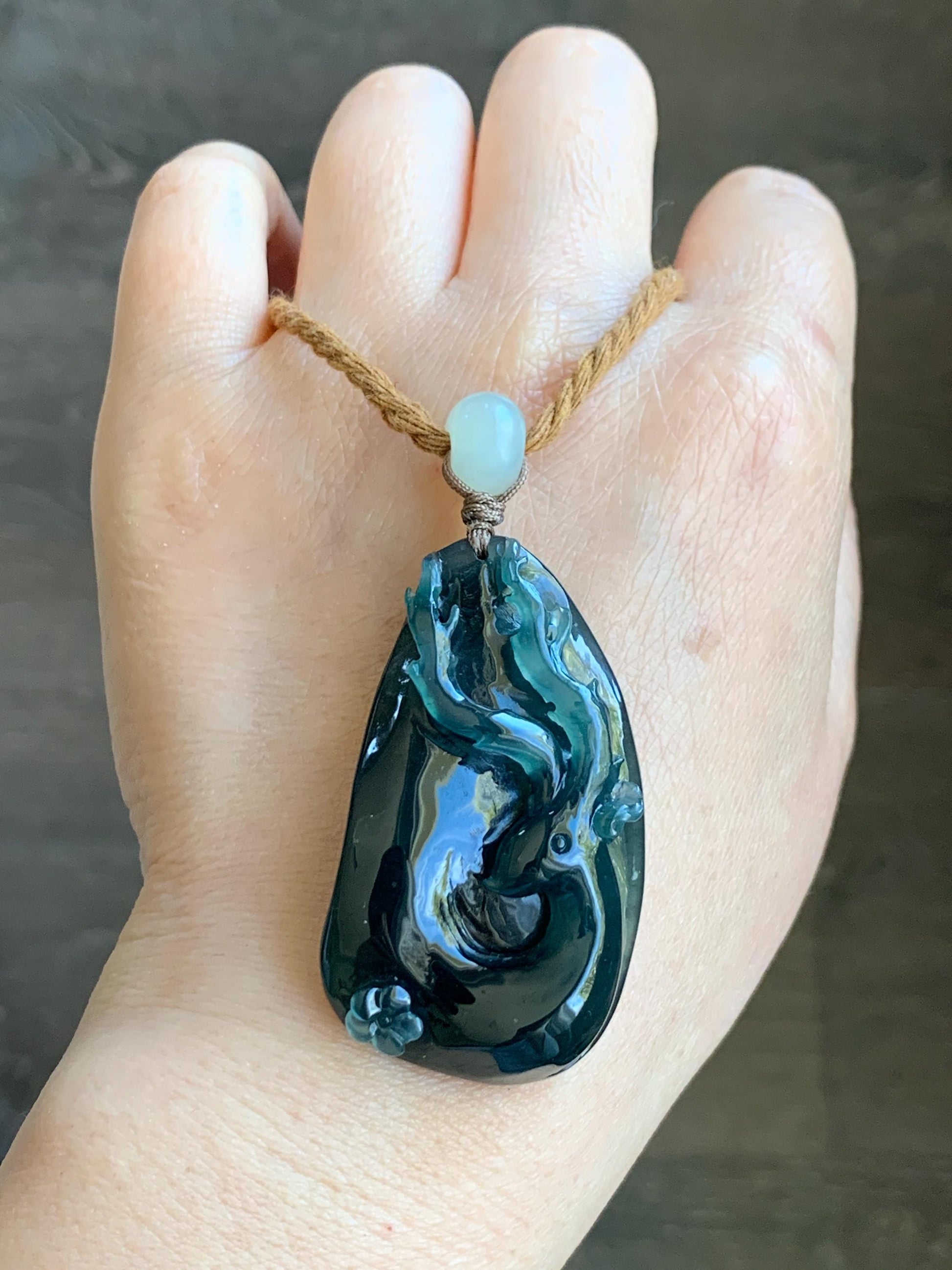 Natural Grade A Guatemalan Icy Translucent Dark Teal Green Jadeite Carved Deer Cherry Blossom Pendant Rope Necklace 26" 31g 天然冰胶危湖水绿翡翠梅花鹿吊坠