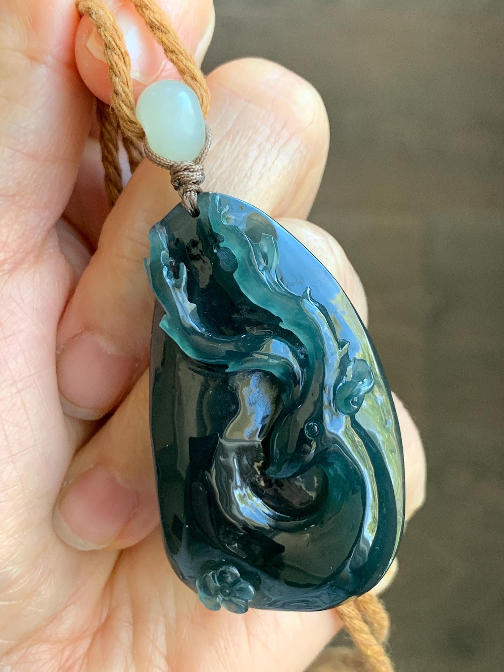 Natural Grade A Guatemalan Icy Translucent Dark Teal Green Jadeite Carved Deer Cherry Blossom Pendant Rope Necklace 26" 31g 天然冰胶危湖水绿翡翠梅花鹿吊坠