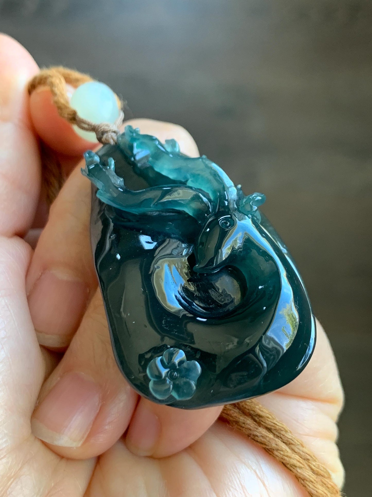 Natural Grade A Guatemalan Icy Translucent Dark Teal Green Jadeite Carved Deer Cherry Blossom Pendant Rope Necklace 26" 31g 天然冰胶危湖水绿翡翠梅花鹿吊坠