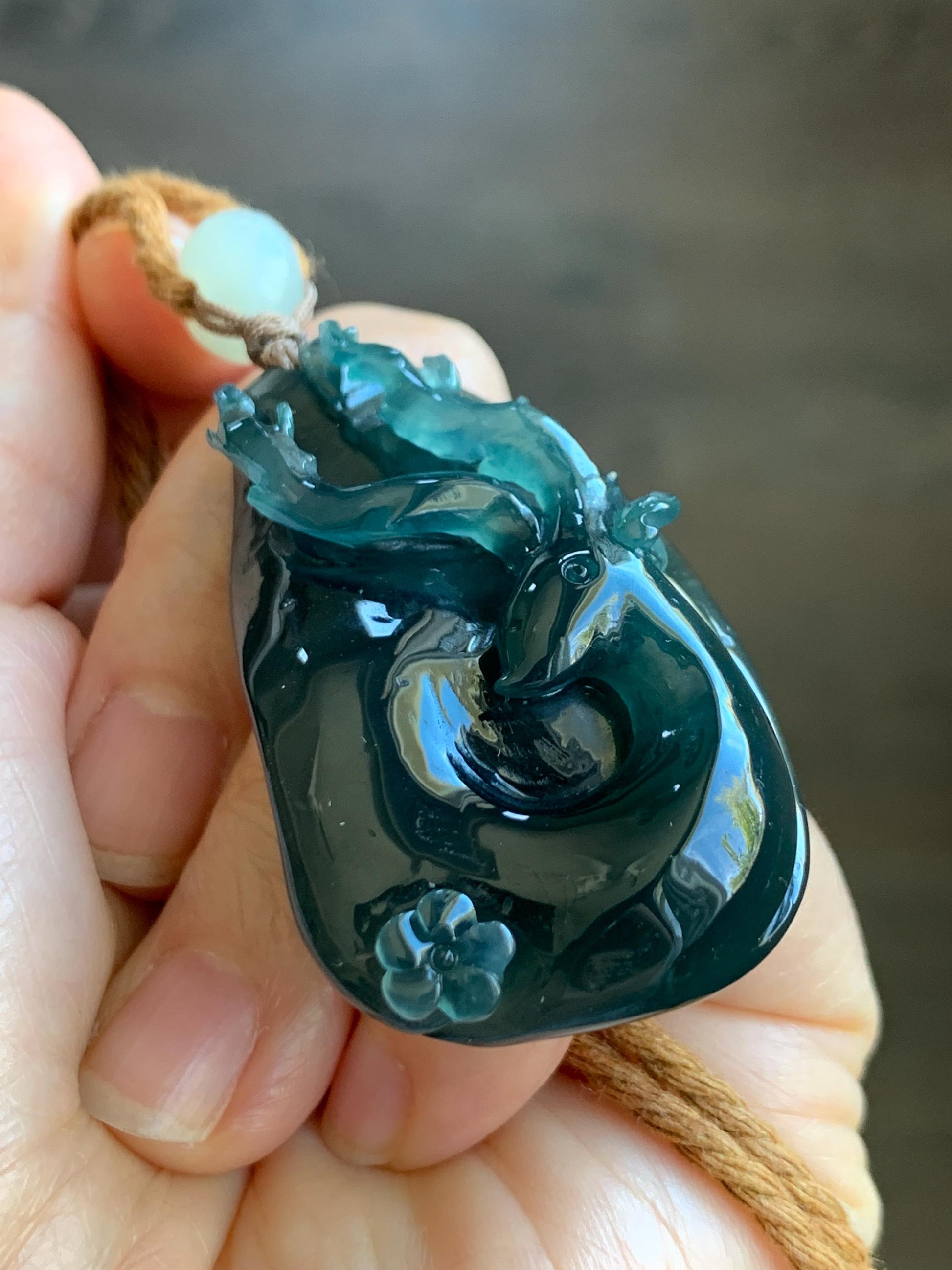 Natural Grade A Guatemalan Icy Translucent Dark Teal Green Jadeite Carved Deer Cherry Blossom Pendant Rope Necklace 26" 31g 天然冰胶危湖水绿翡翠梅花鹿吊坠