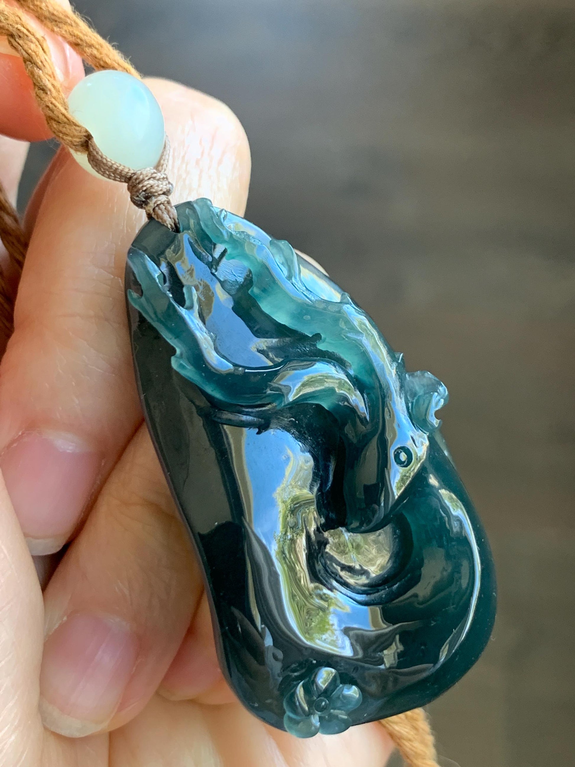Natural Grade A Guatemalan Icy Translucent Dark Teal Green Jadeite Carved Deer Cherry Blossom Pendant Rope Necklace 26" 31g 天然冰胶危湖水绿翡翠梅花鹿吊坠